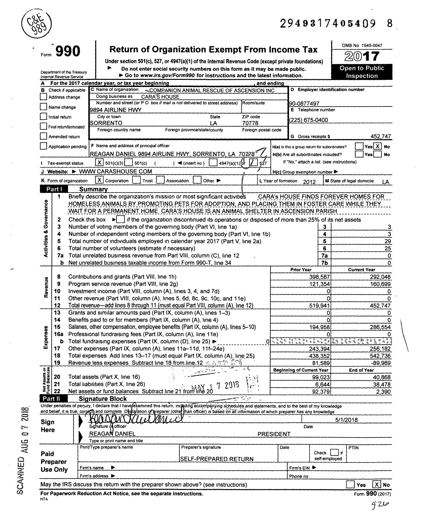 Image of first page of 2017 Form 990 for Companion Animal Rescue of Ascension Caras House