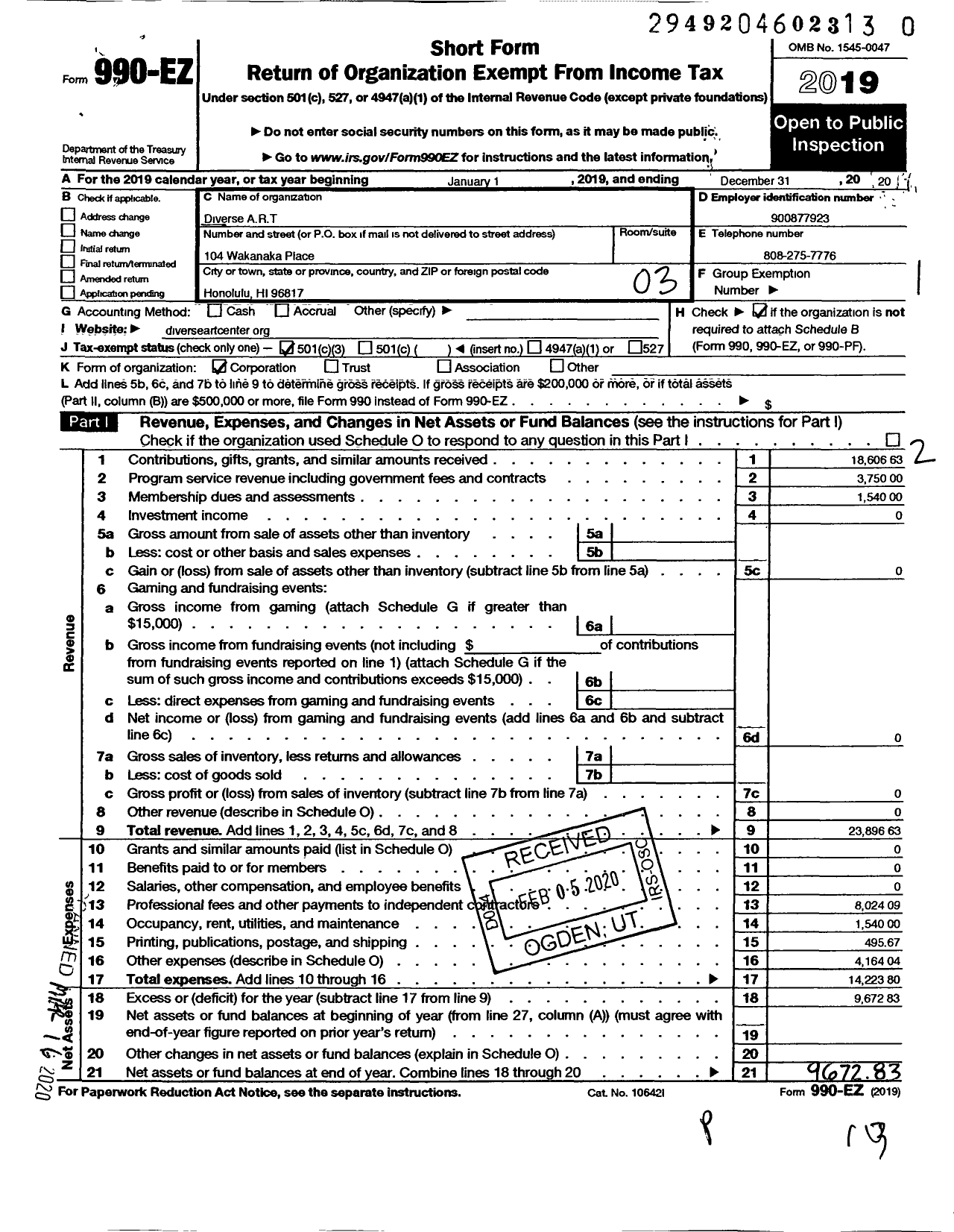 Image of first page of 2019 Form 990EZ for Diverse Art