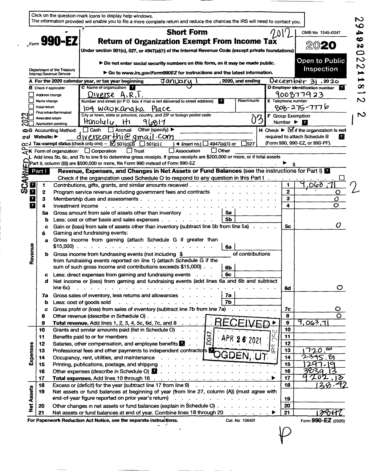 Image of first page of 2020 Form 990EZ for Diverse Art