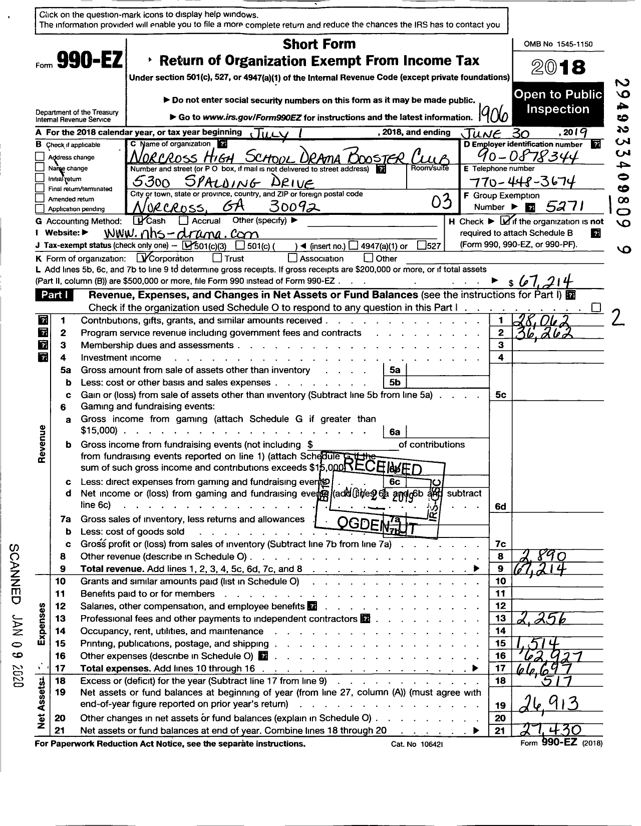 Image of first page of 2018 Form 990EZ for Norcross High School Drama Booster Club