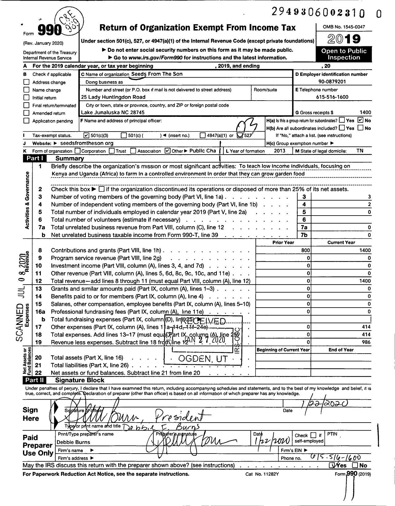 Image of first page of 2019 Form 990 for Seeds From the Son