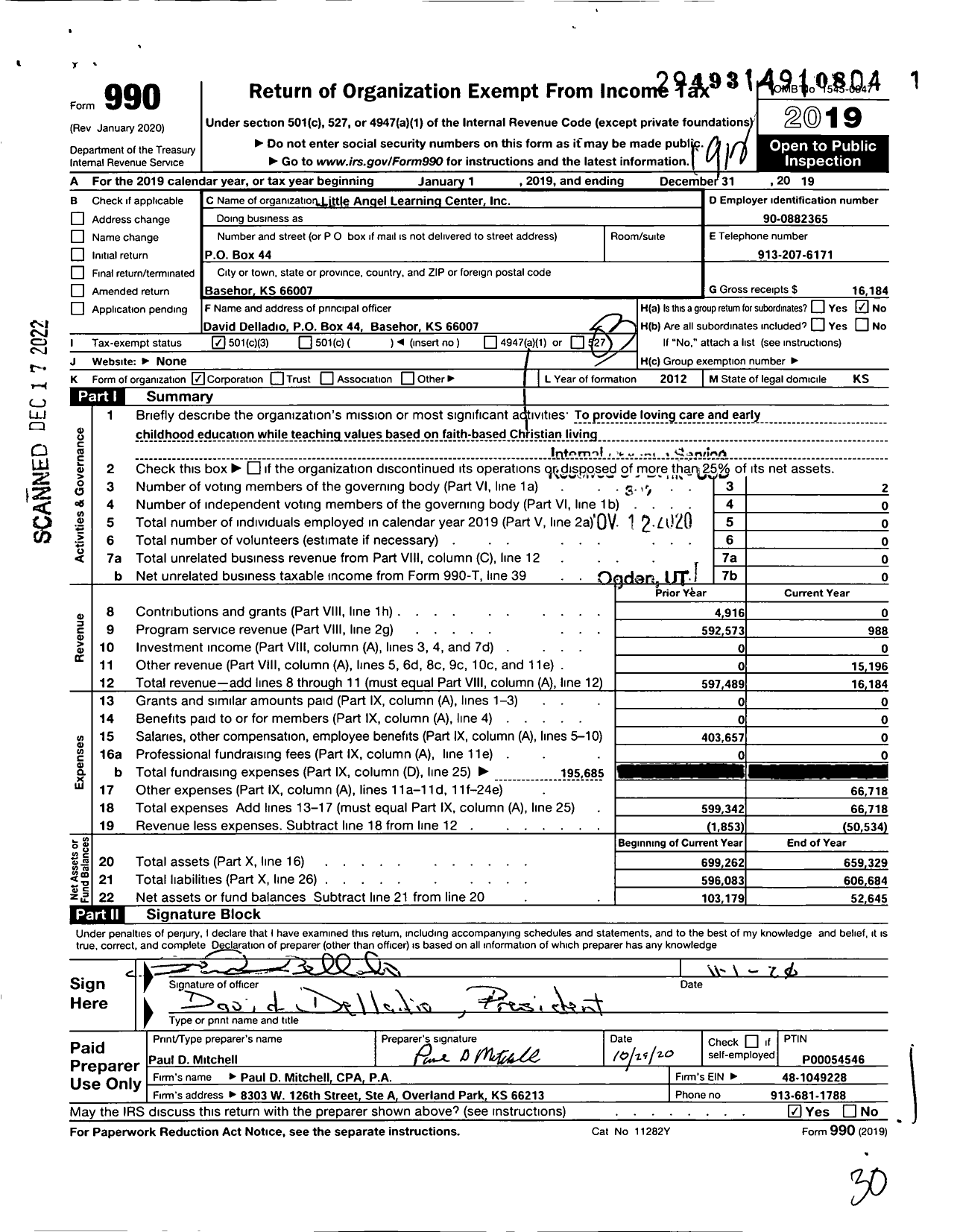 Image of first page of 2019 Form 990 for Little Angel Learning Center