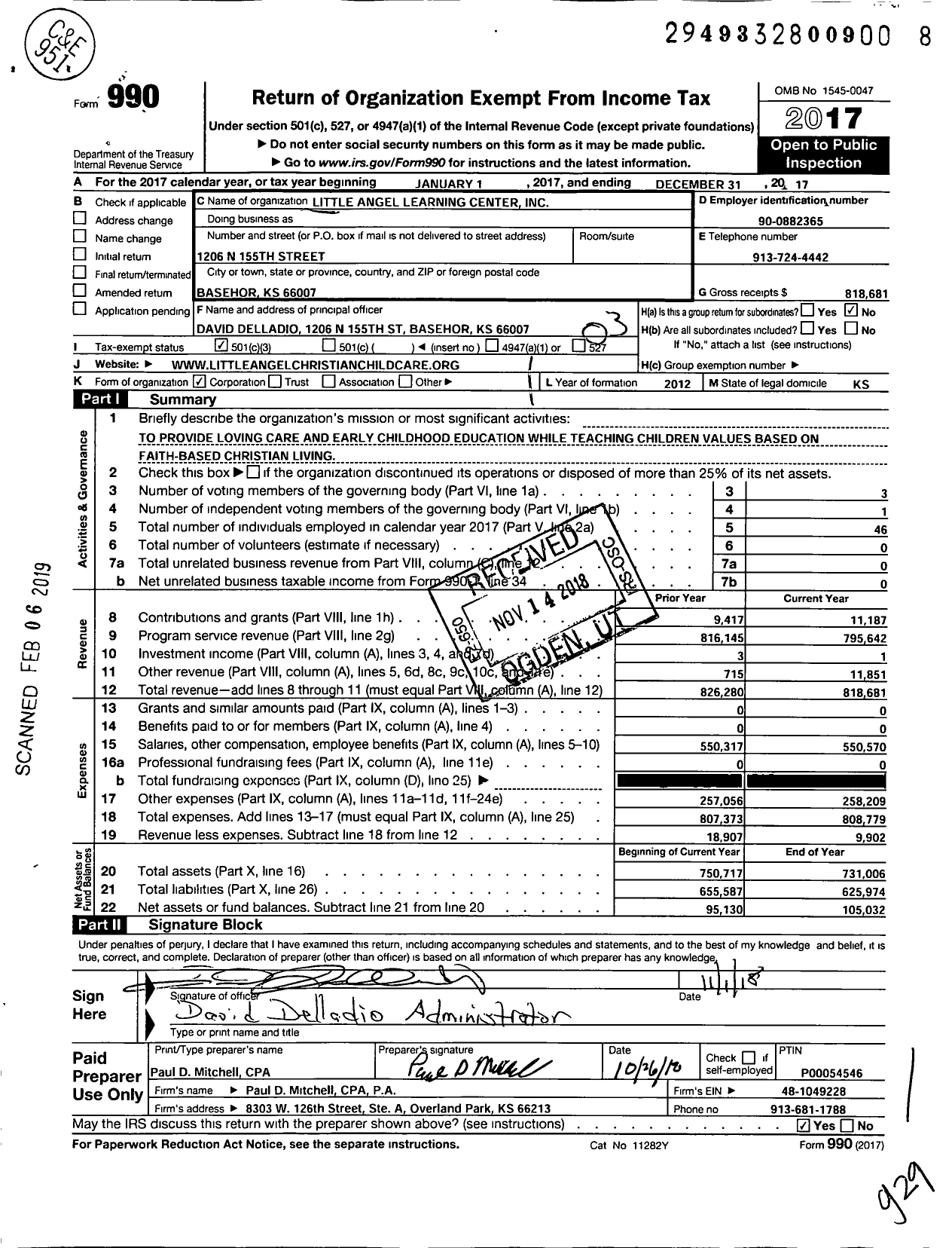 Image of first page of 2017 Form 990 for Little Angel Learning Center