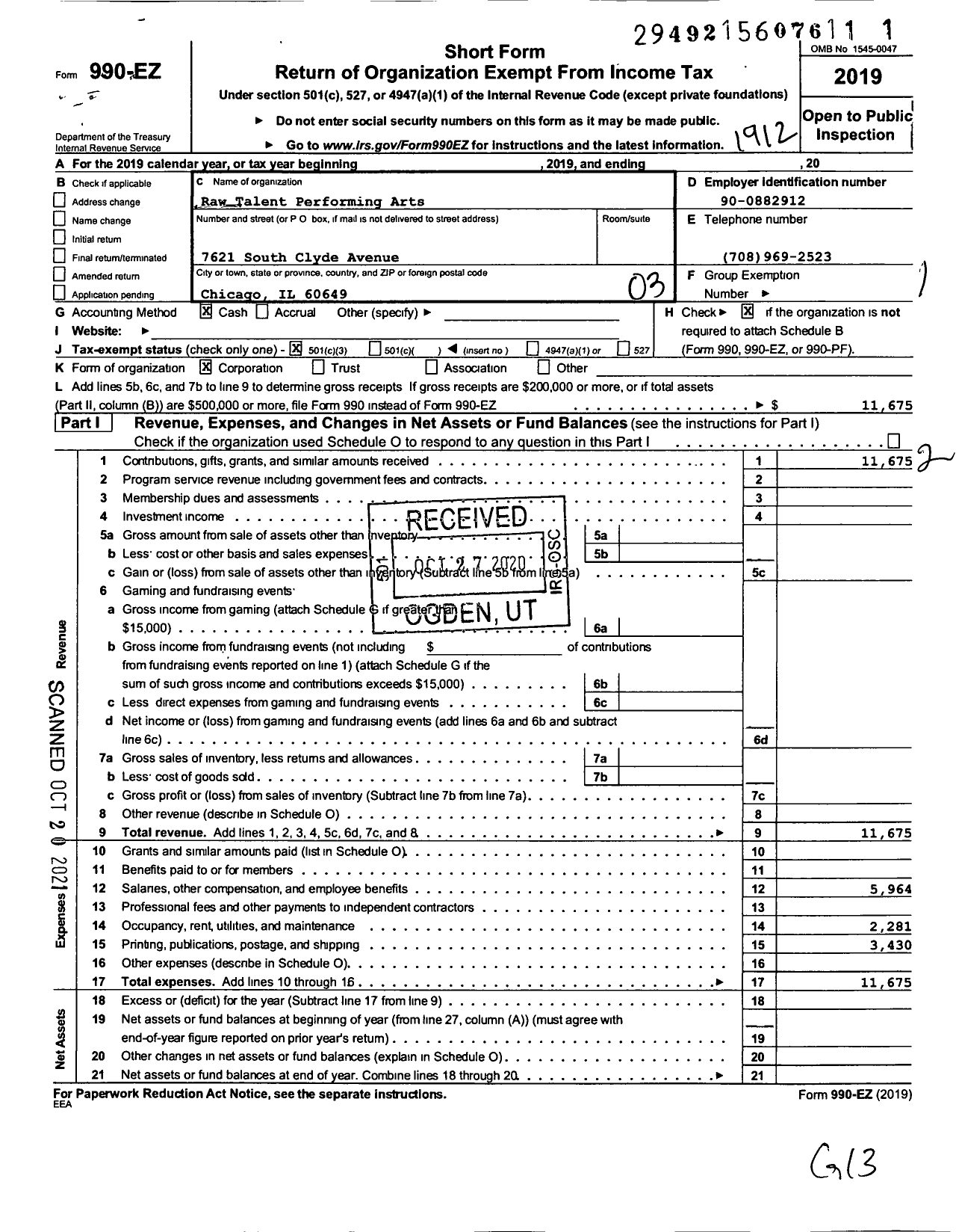 Image of first page of 2019 Form 990EZ for Raw Talent Performing Arts