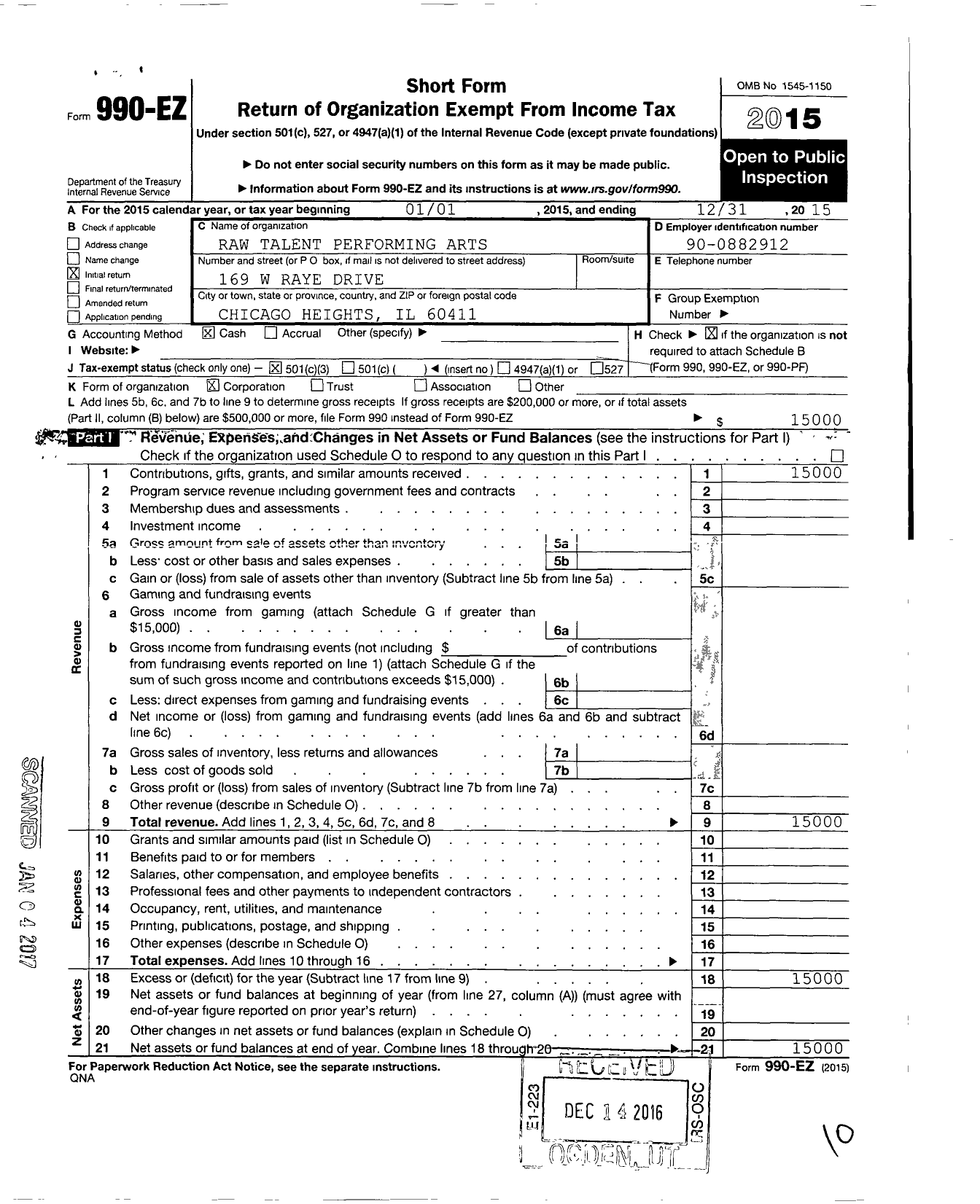 Image of first page of 2015 Form 990EZ for Raw Talent Performing Arts