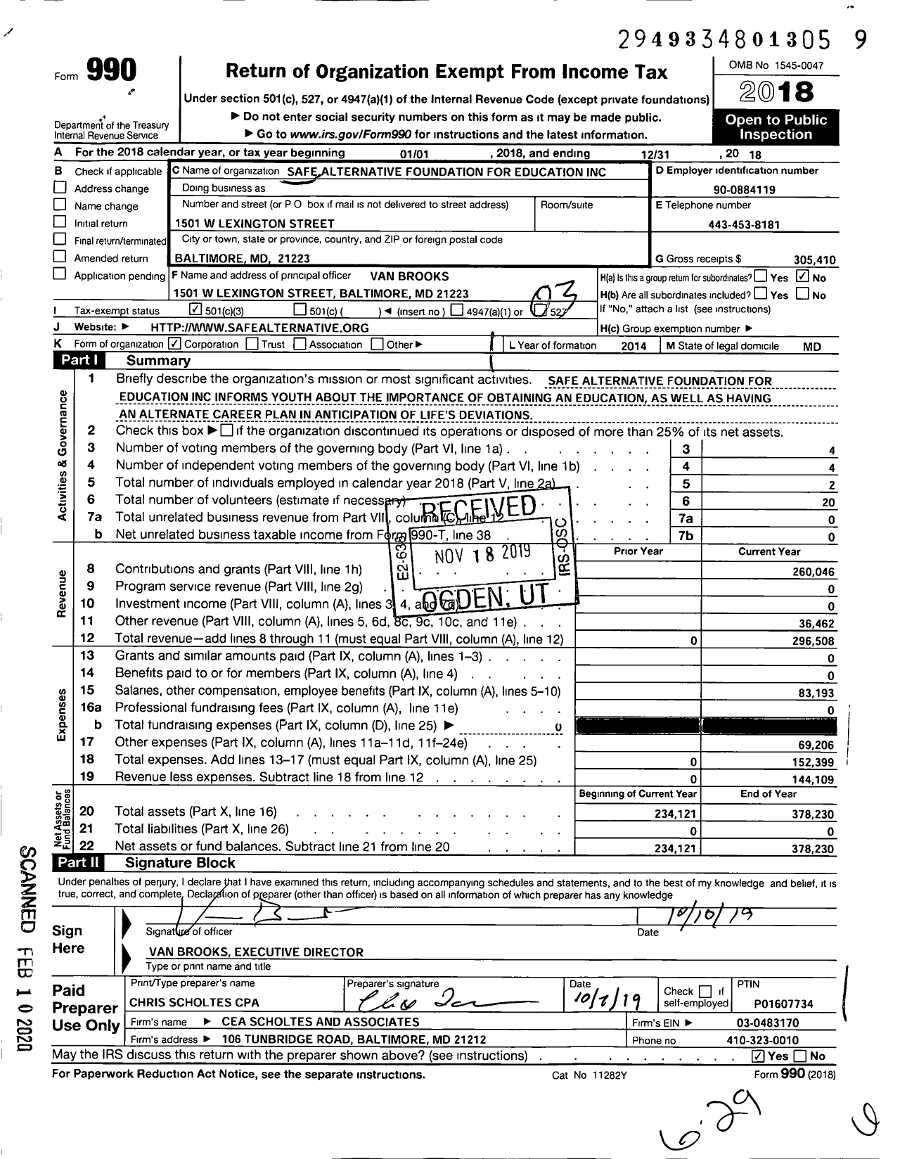 Image of first page of 2018 Form 990 for Safe Alternative Foundation for Education