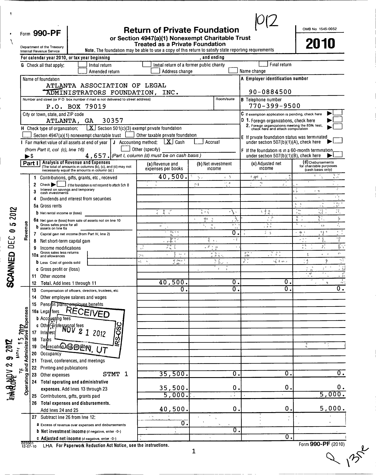 Image of first page of 2010 Form 990PF for Atlanta Association of Legal Administrators Foundation