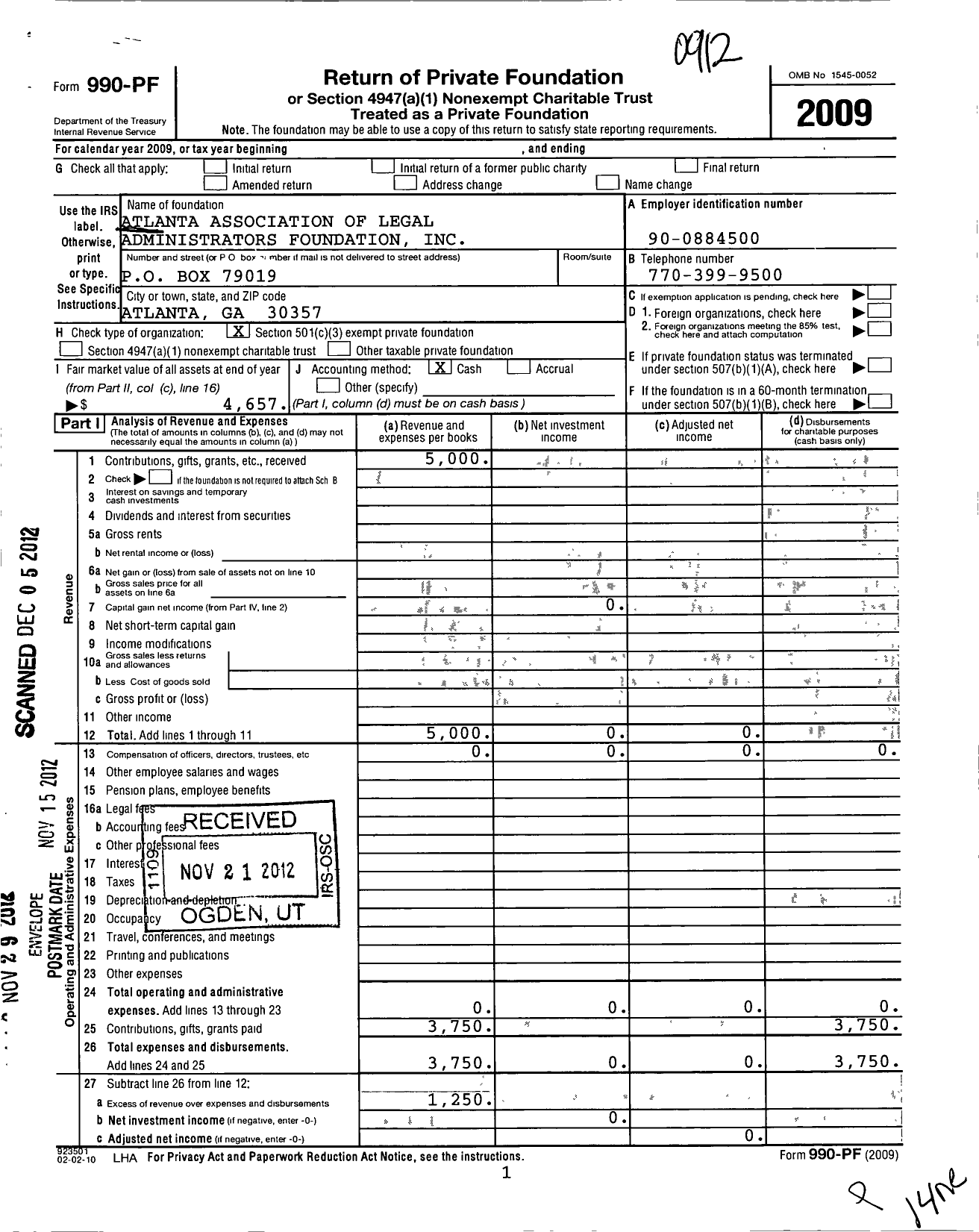 Image of first page of 2009 Form 990PF for Atlanta Association of Legal Administrators Foundation