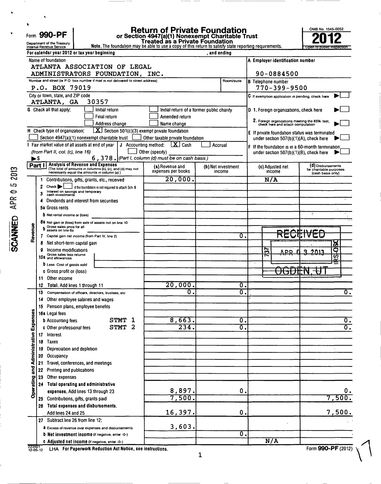 Image of first page of 2012 Form 990PF for Atlanta Association of Legal Administrators Foundation