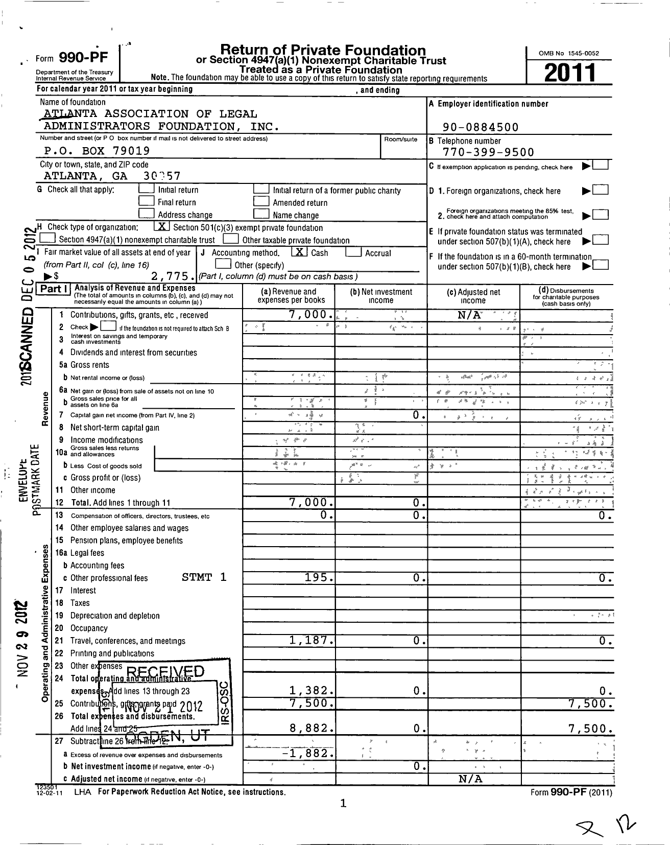 Image of first page of 2011 Form 990PF for Atlanta Association of Legal Administrators Foundation