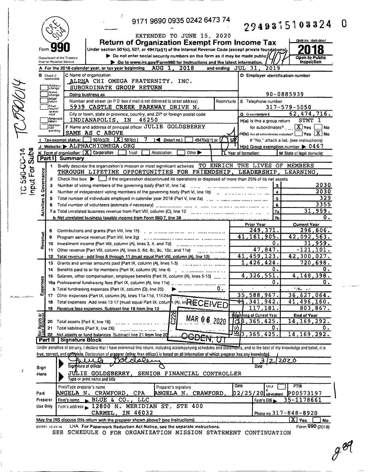 Image of first page of 2018 Form 990O for Alpha Chi Omega Fraternity Subordinate Group Return