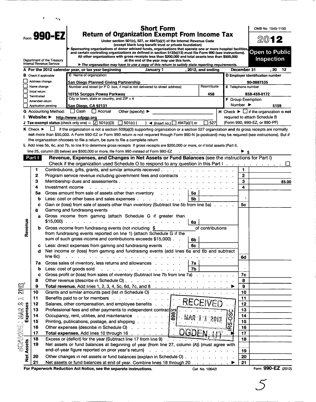 Image of first page of 2012 Form 990EZ for National Association of Charitable Gift Planners / San Diego Planned Giving PTRSHP