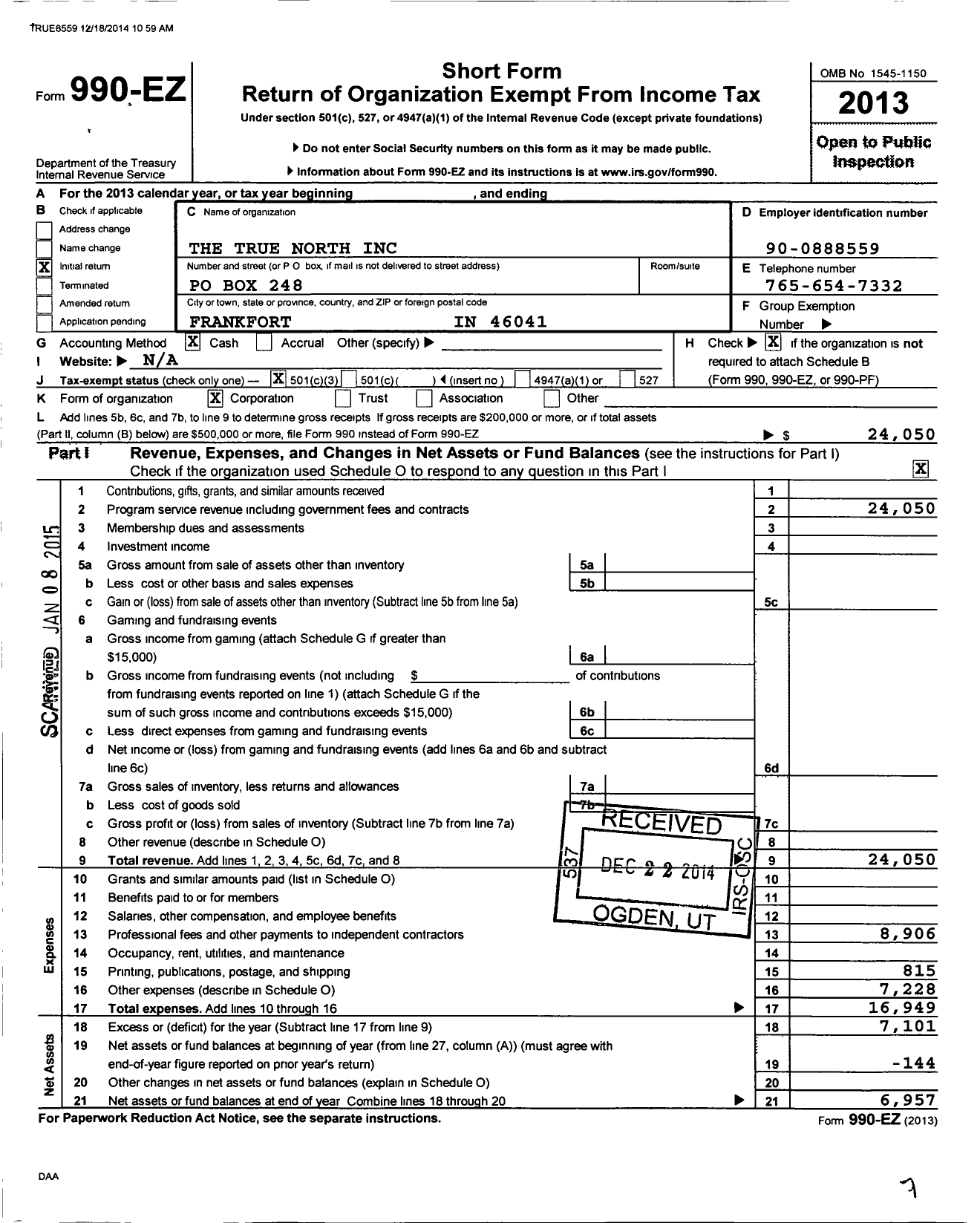 Image of first page of 2013 Form 990EZ for True North