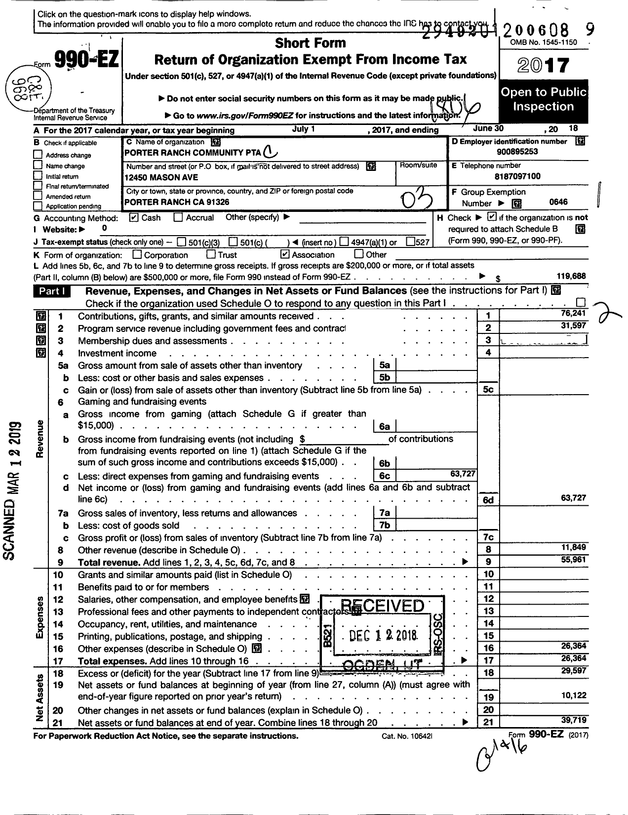 Image of first page of 2017 Form 990EZ for California State PTA - Porter Ranch Community PTA