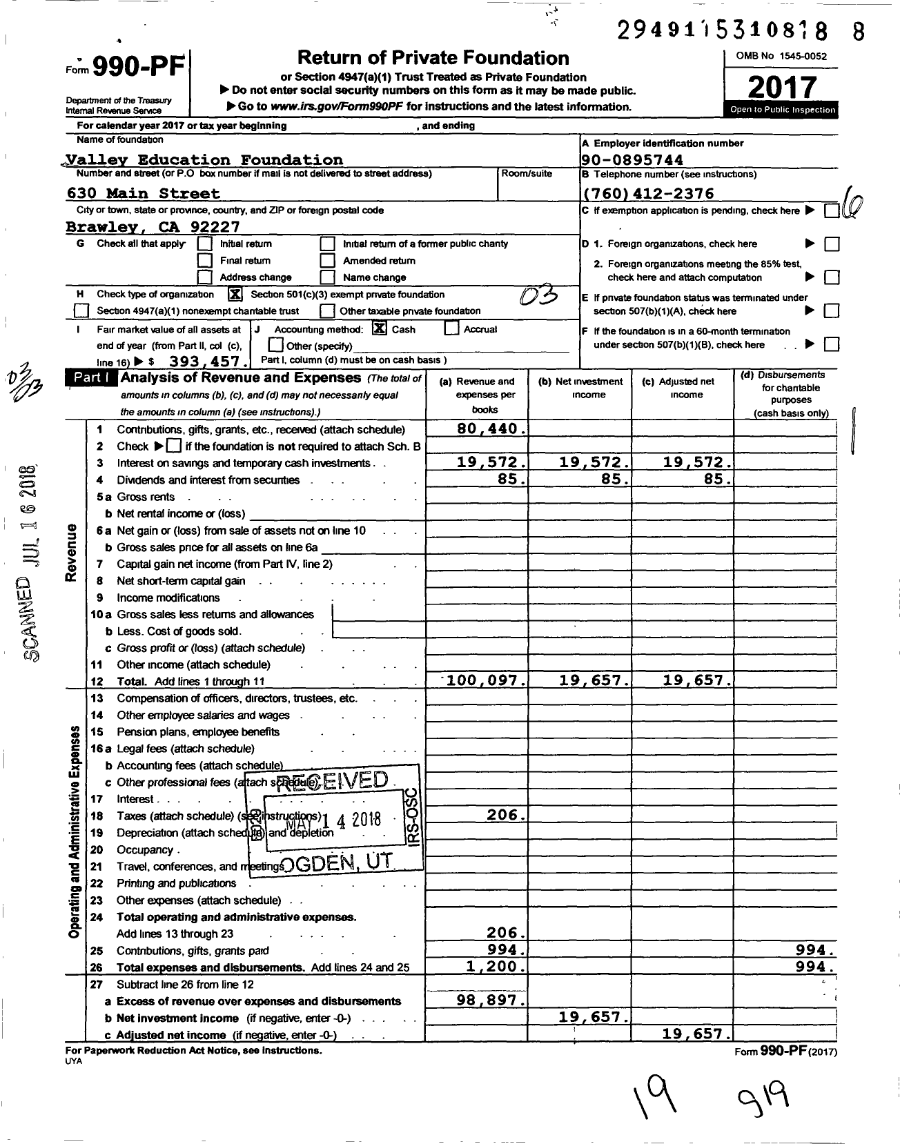 Image of first page of 2017 Form 990PF for Valley Education Foundation