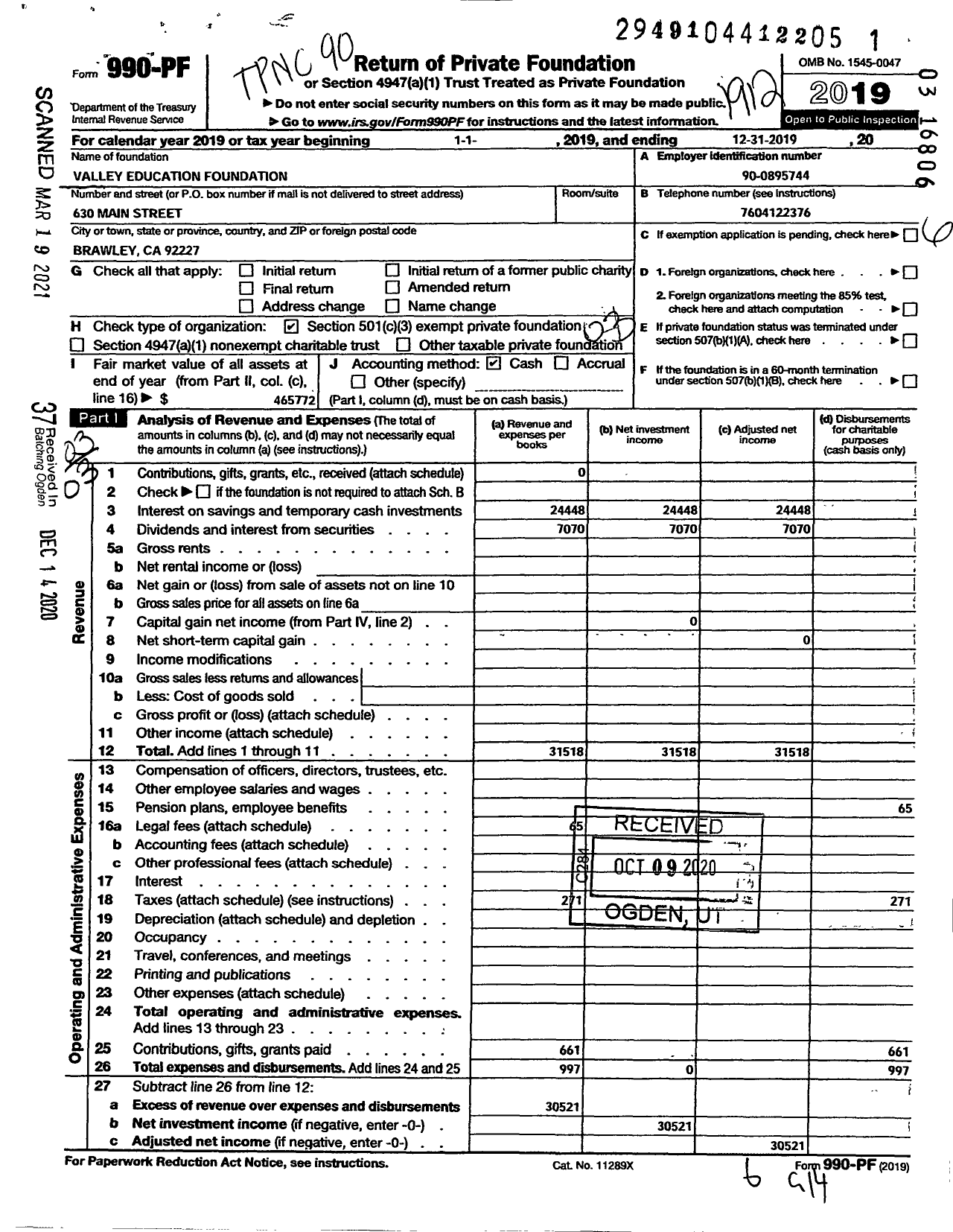 Image of first page of 2019 Form 990PF for Valley Education Foundation