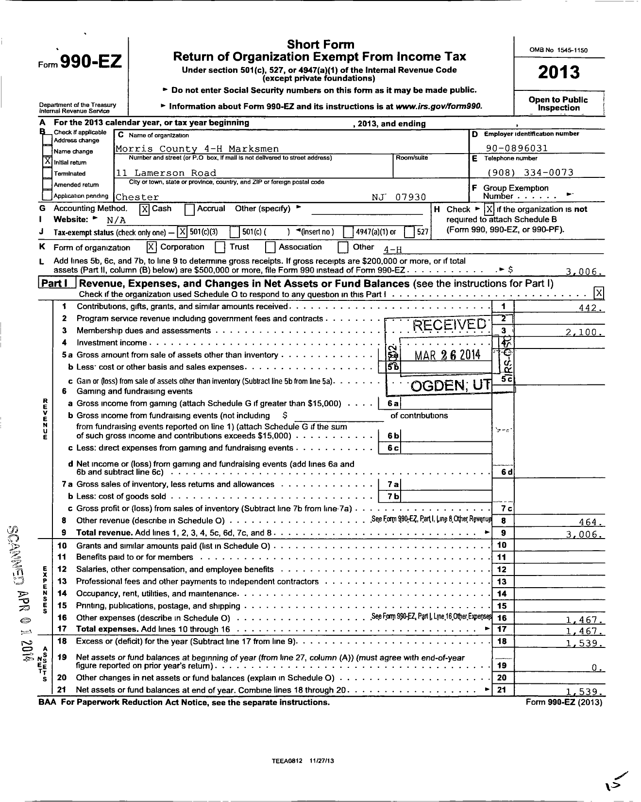 Image of first page of 2013 Form 990EZ for Rutgers the State University of NJ / Morris Marksmen 4-H Club