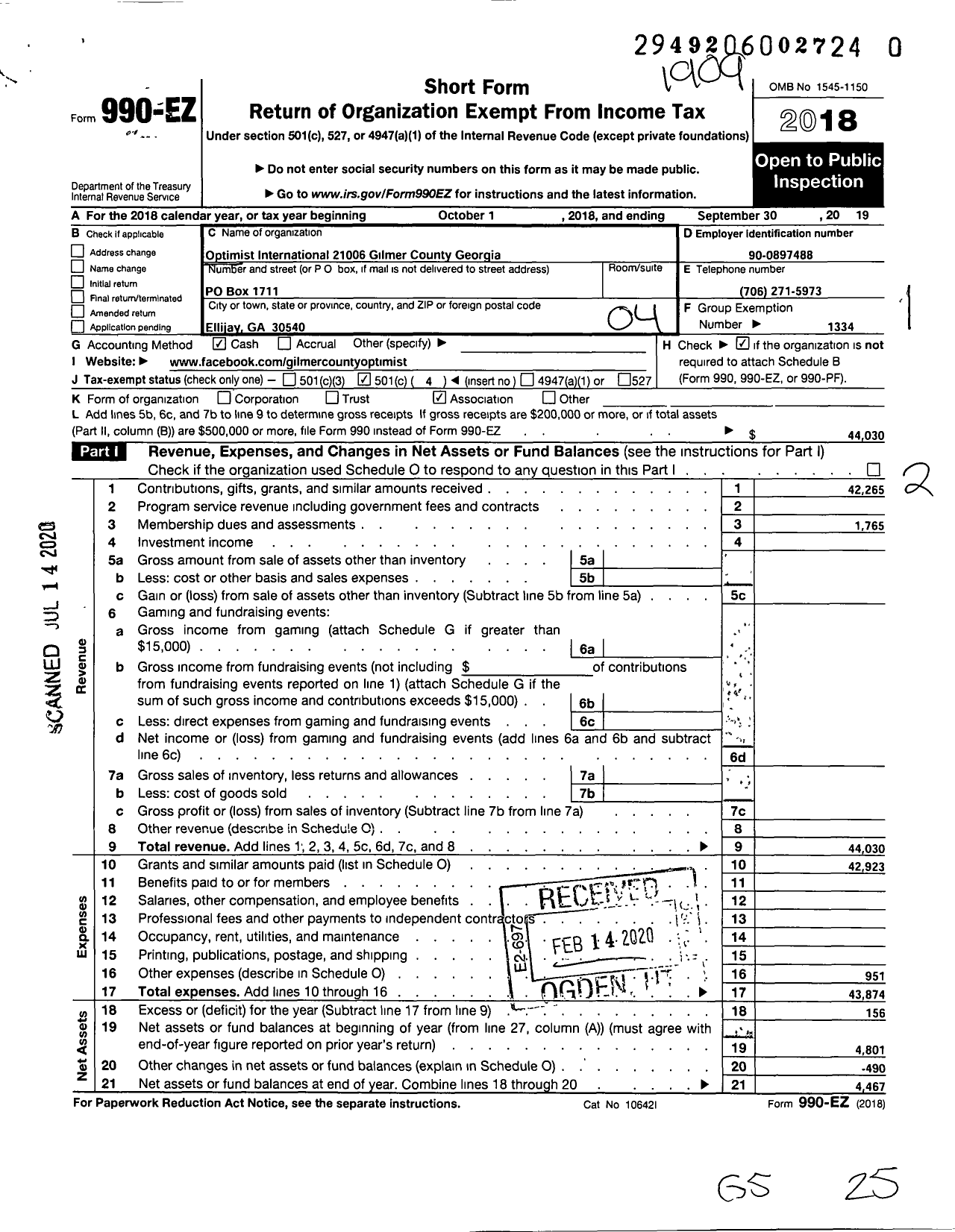 Image of first page of 2018 Form 990EO for Optimist International - 21006 Gilmer County Oc Georgia