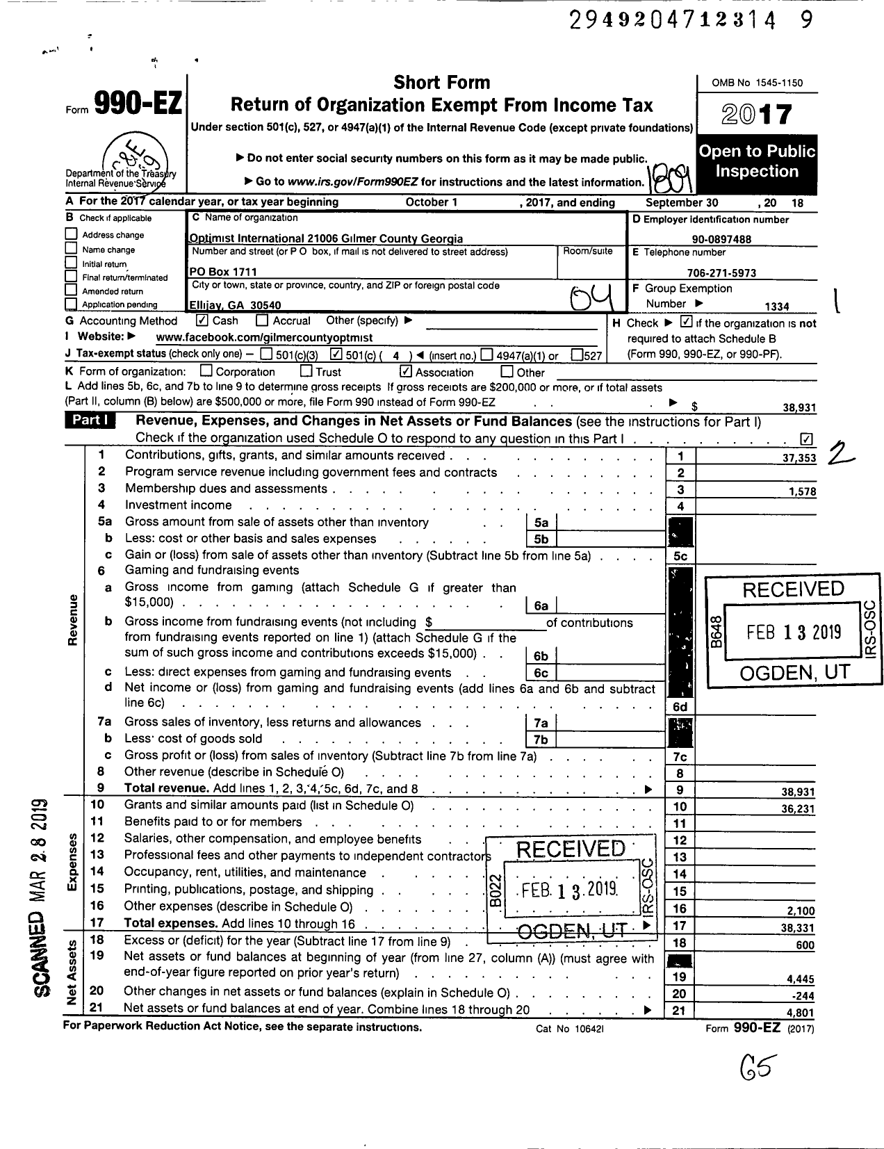 Image of first page of 2017 Form 990EO for Optimist International - 21006 Gilmer County Oc Georgia