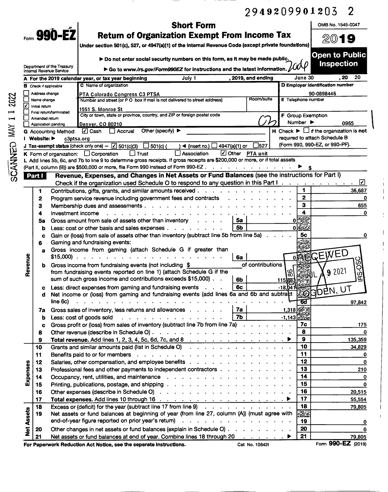 Image of first page of 2019 Form 990EZ for PTA Colorado Congress C3 PTSA