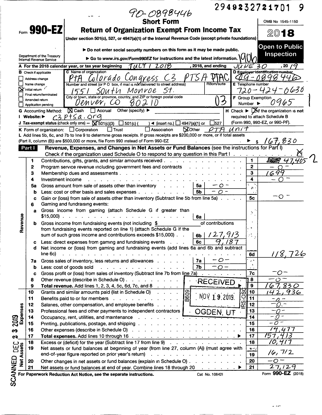 Image of first page of 2018 Form 990EZ for PTA Colorado Congress C3 PTSA