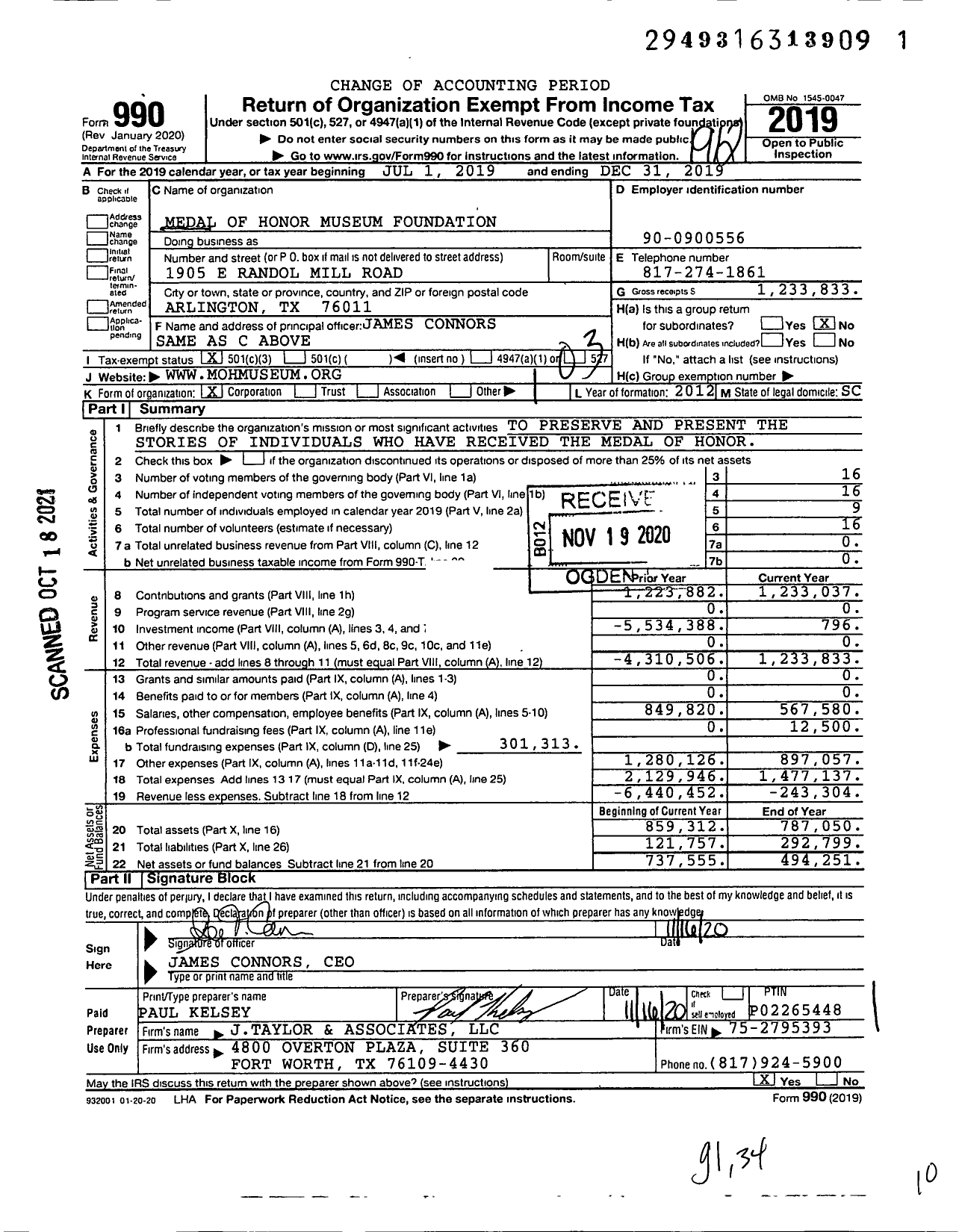 Image of first page of 2019 Form 990 for National Medal of Honor Museum Foundation