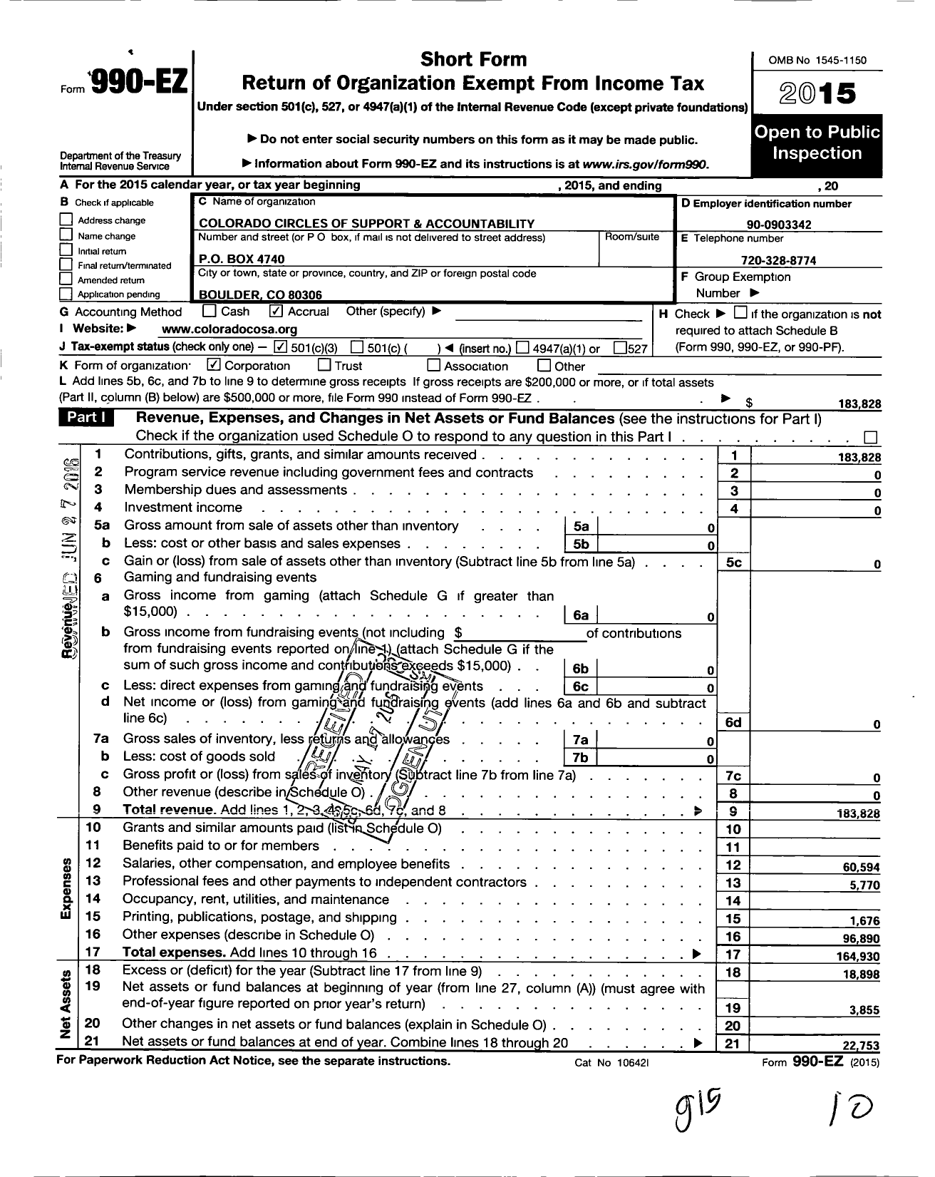 Image of first page of 2015 Form 990EZ for Colorado Circles of Support & Accountability