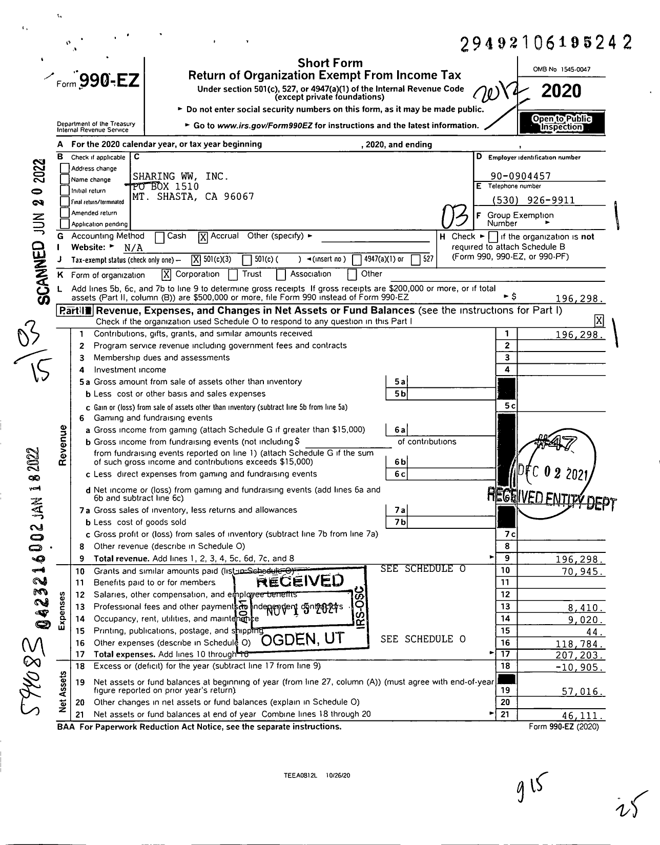 Image of first page of 2020 Form 990EZ for Sharing WW