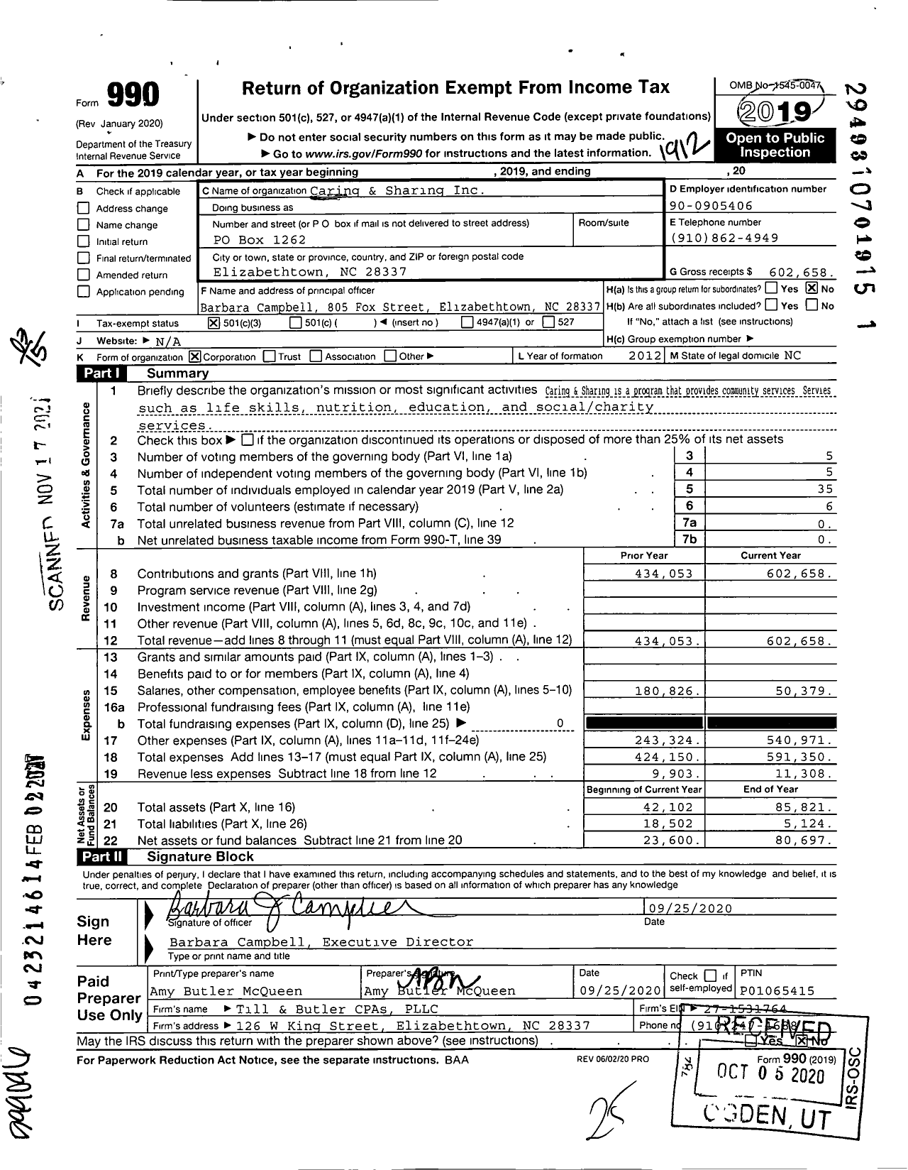 Image of first page of 2019 Form 990 for Caring and Sharing