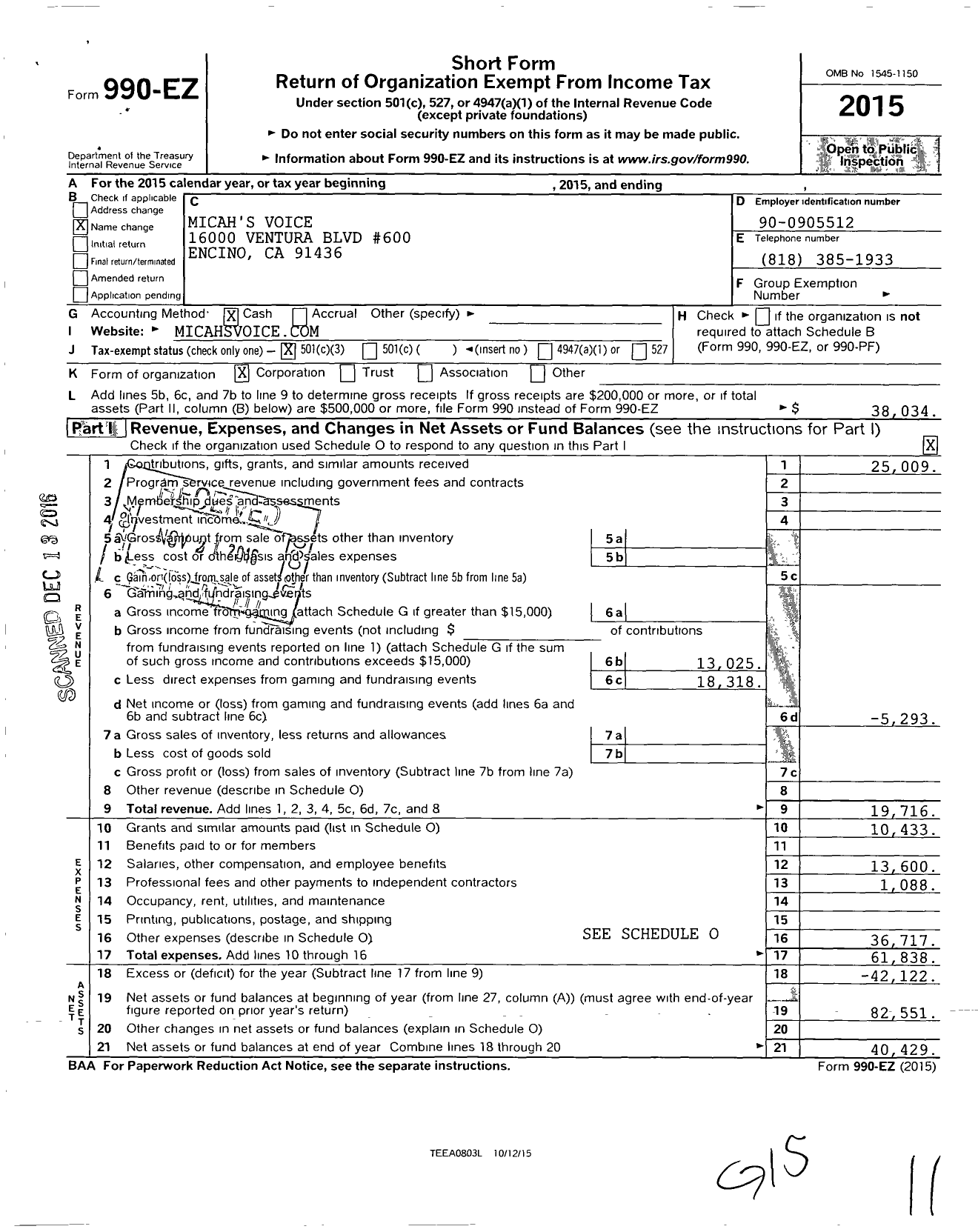 Image of first page of 2015 Form 990EZ for Micahs Voice