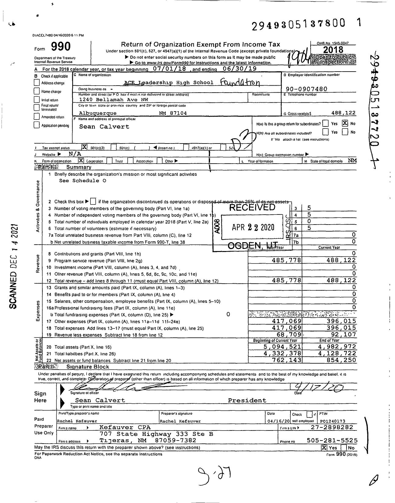 Image of first page of 2018 Form 990 for Ace Leadership High School Foundation