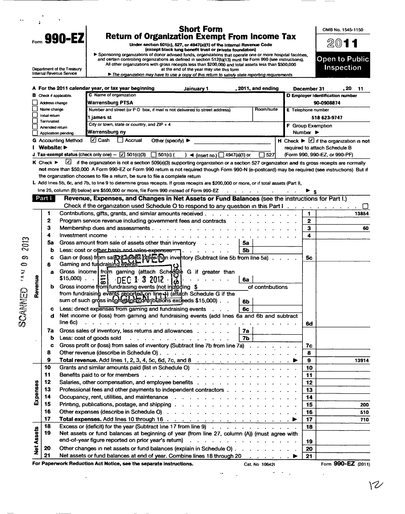 Image of first page of 2011 Form 990EZ for New York State PTA - 12-228 Warrenburg Central Parent