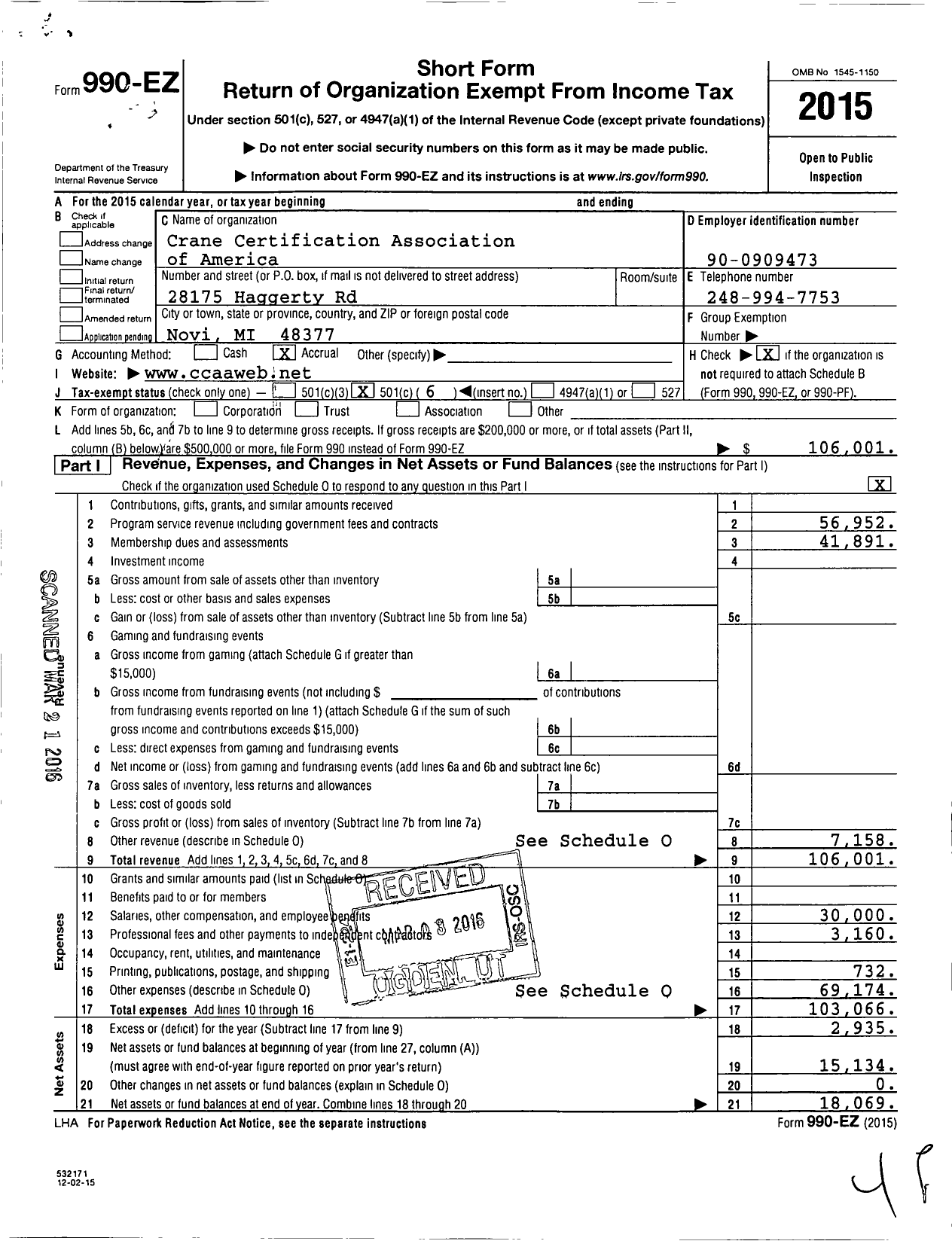 Image of first page of 2015 Form 990EO for Crane Certification Association of America