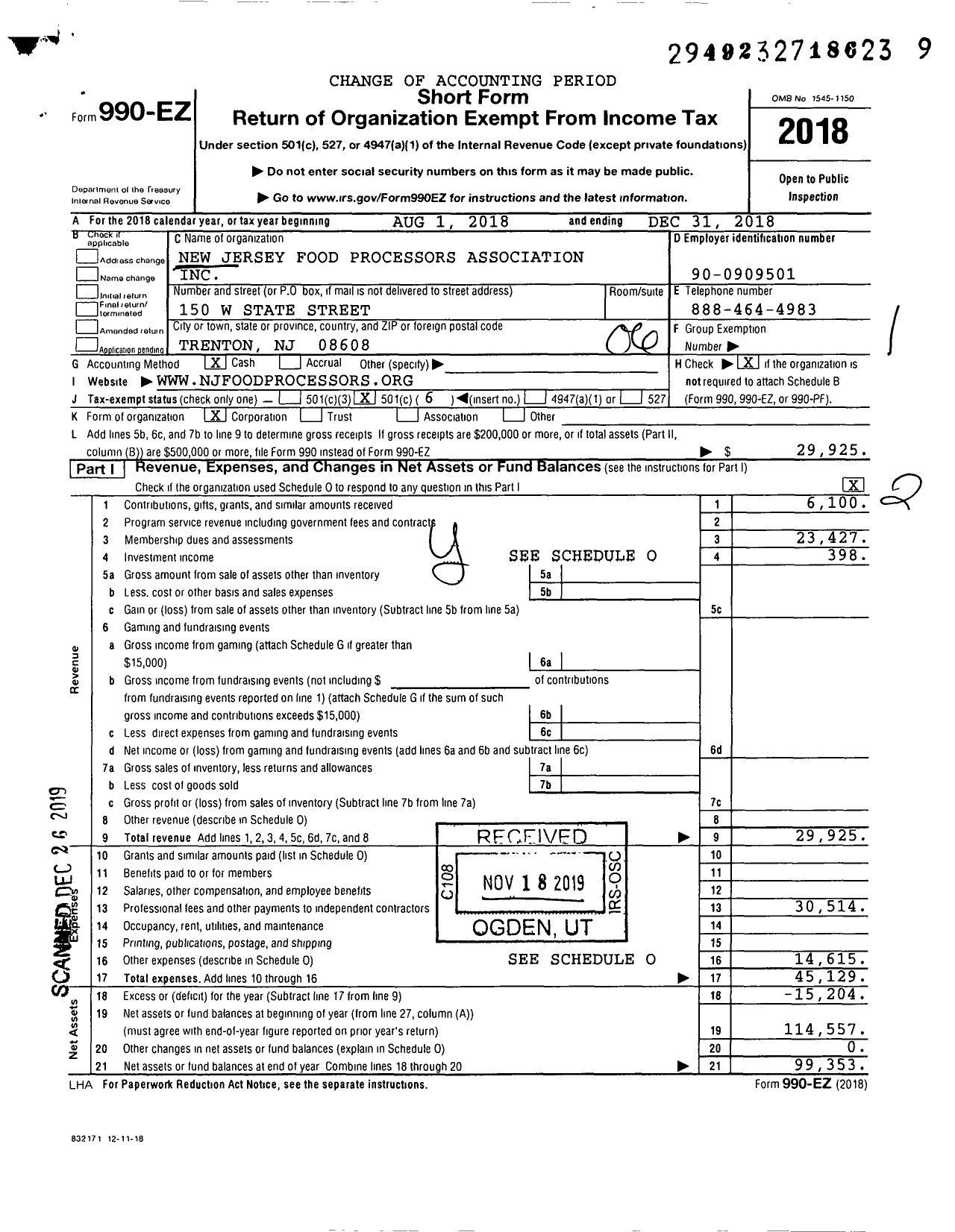 Image of first page of 2018 Form 990EO for New Jersey Food Processors Association