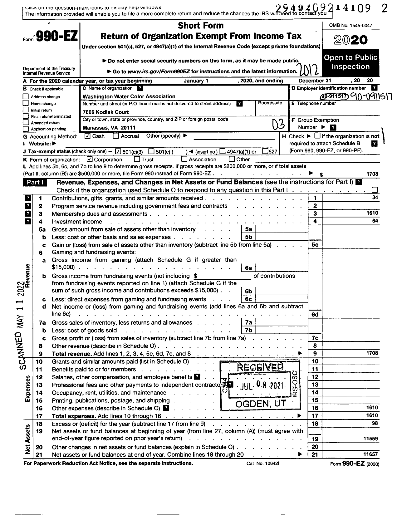 Image of first page of 2020 Form 990EZ for Washington Water Color Association