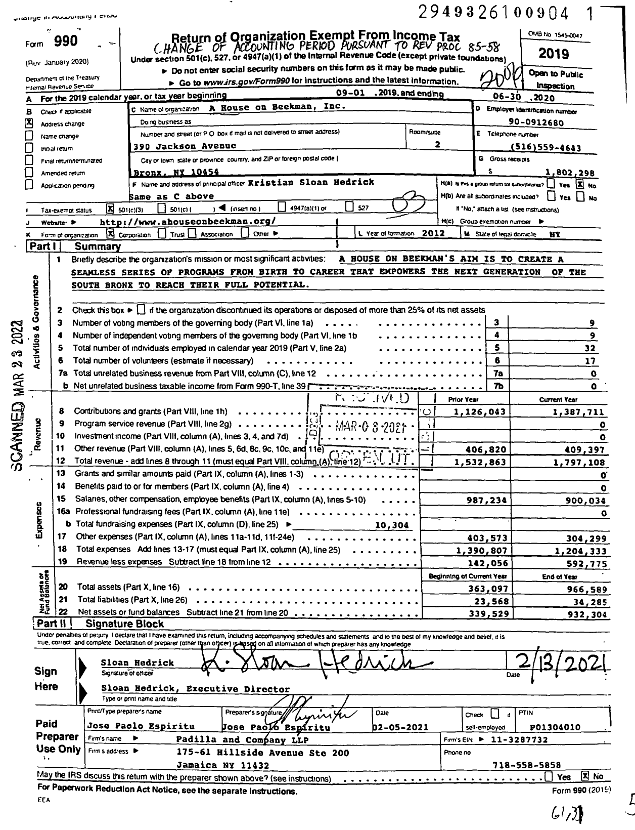 Image of first page of 2019 Form 990 for A House on Beekman