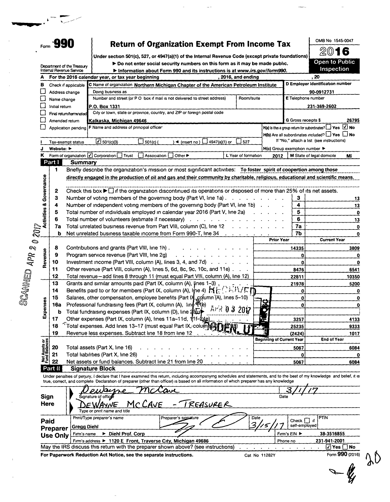 Image of first page of 2016 Form 990 for Northern Michigan Chapter of the Nmapi