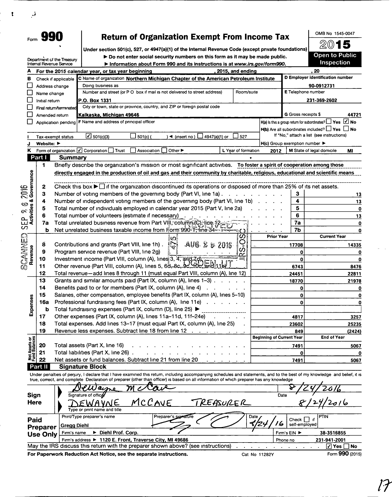 Image of first page of 2015 Form 990 for Northern Michigan Chapter of the Nmapi