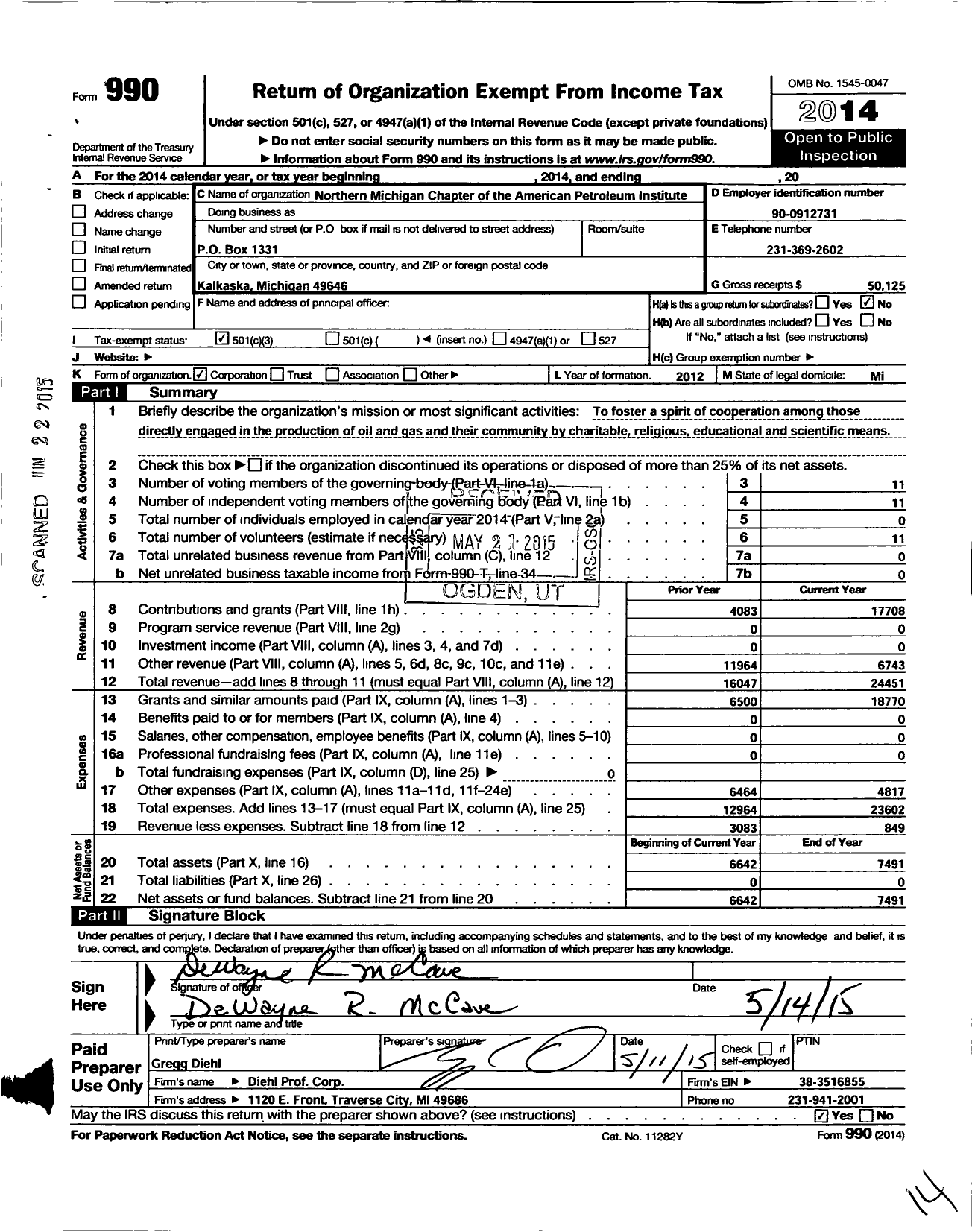 Image of first page of 2014 Form 990 for Northern Michigan Chapter of the Nmapi