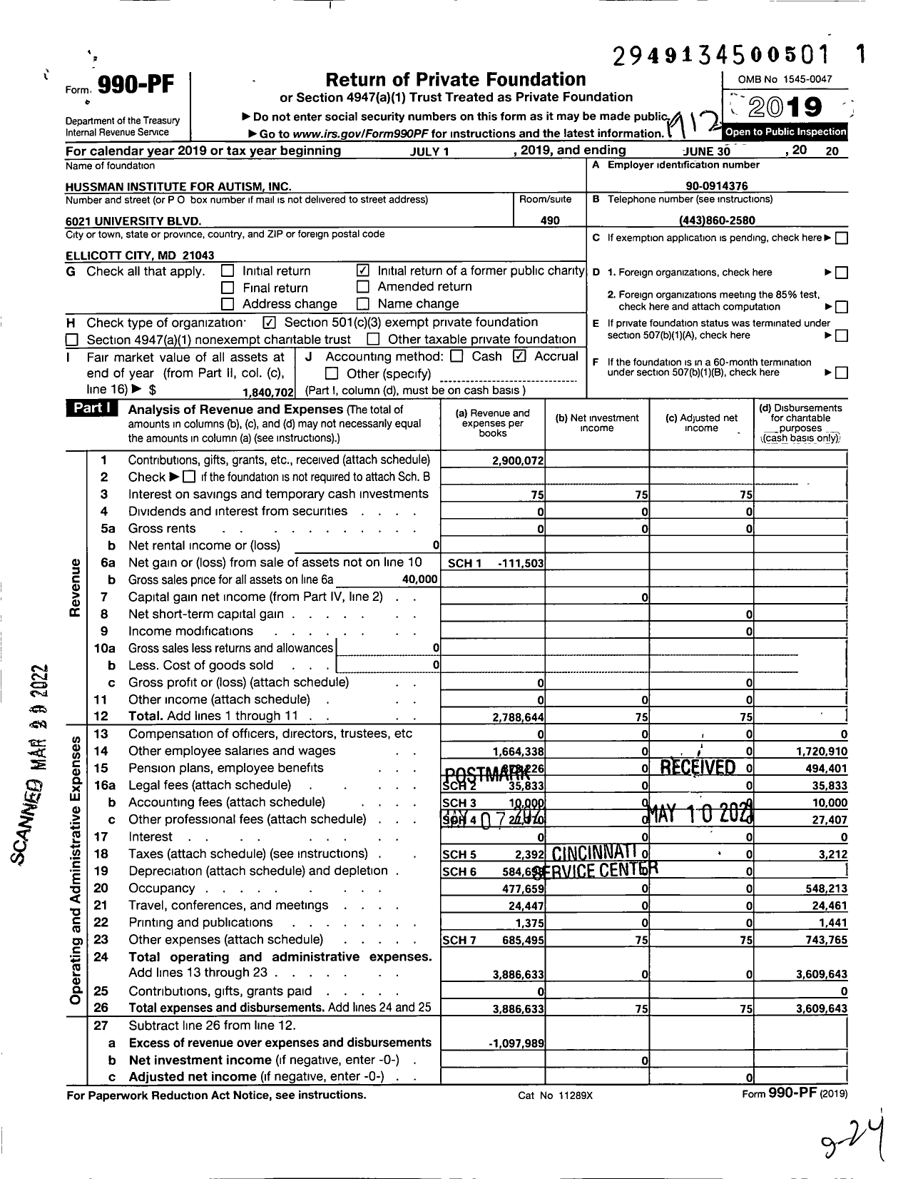 Image of first page of 2019 Form 990PF for Hussman Institute for Autism