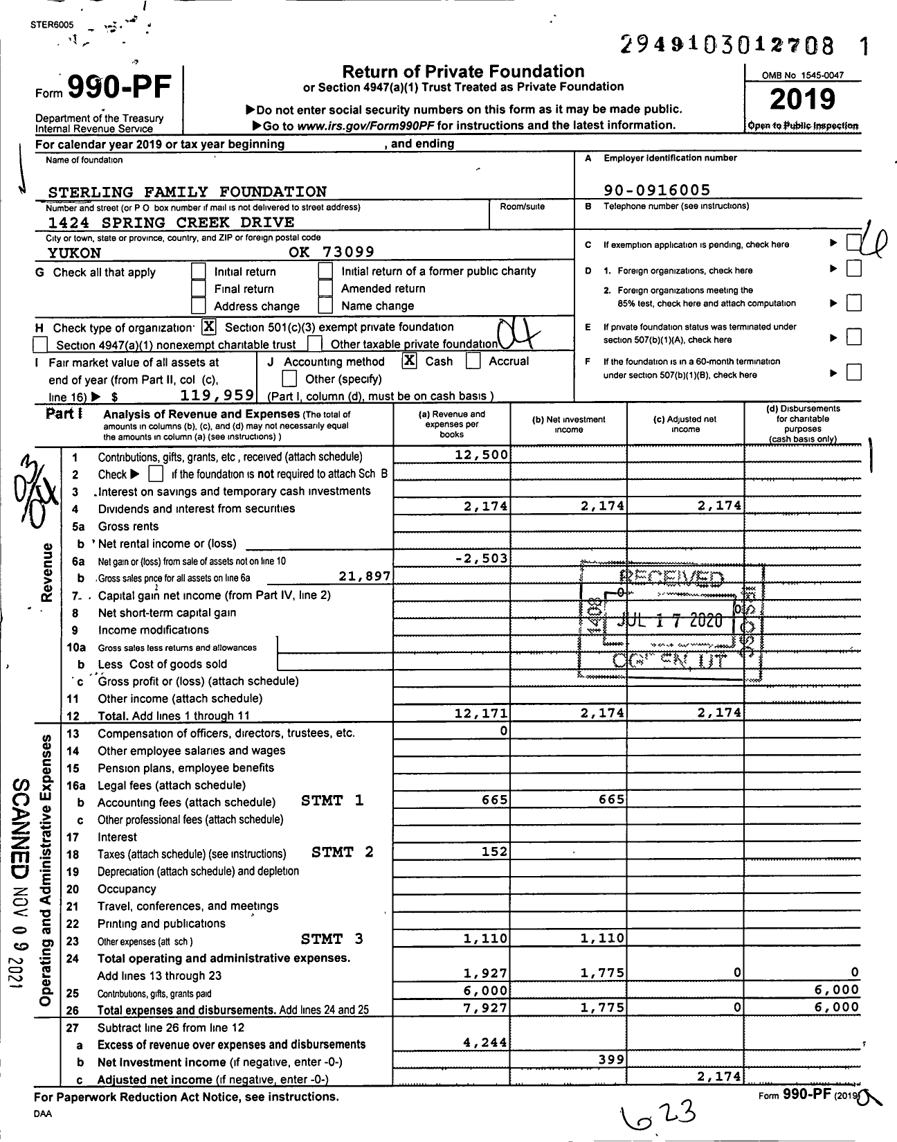 Image of first page of 2019 Form 990PF for Sterling Family Foundation