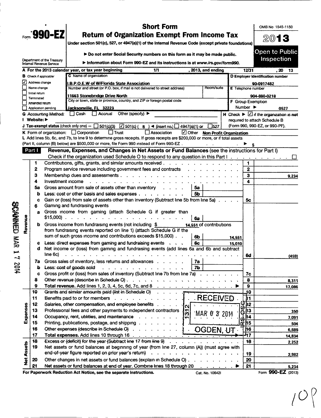 Image of first page of 2013 Form 990EO for Improved Benevolent and Protective Order of Elks of the World - Florida State Assoc