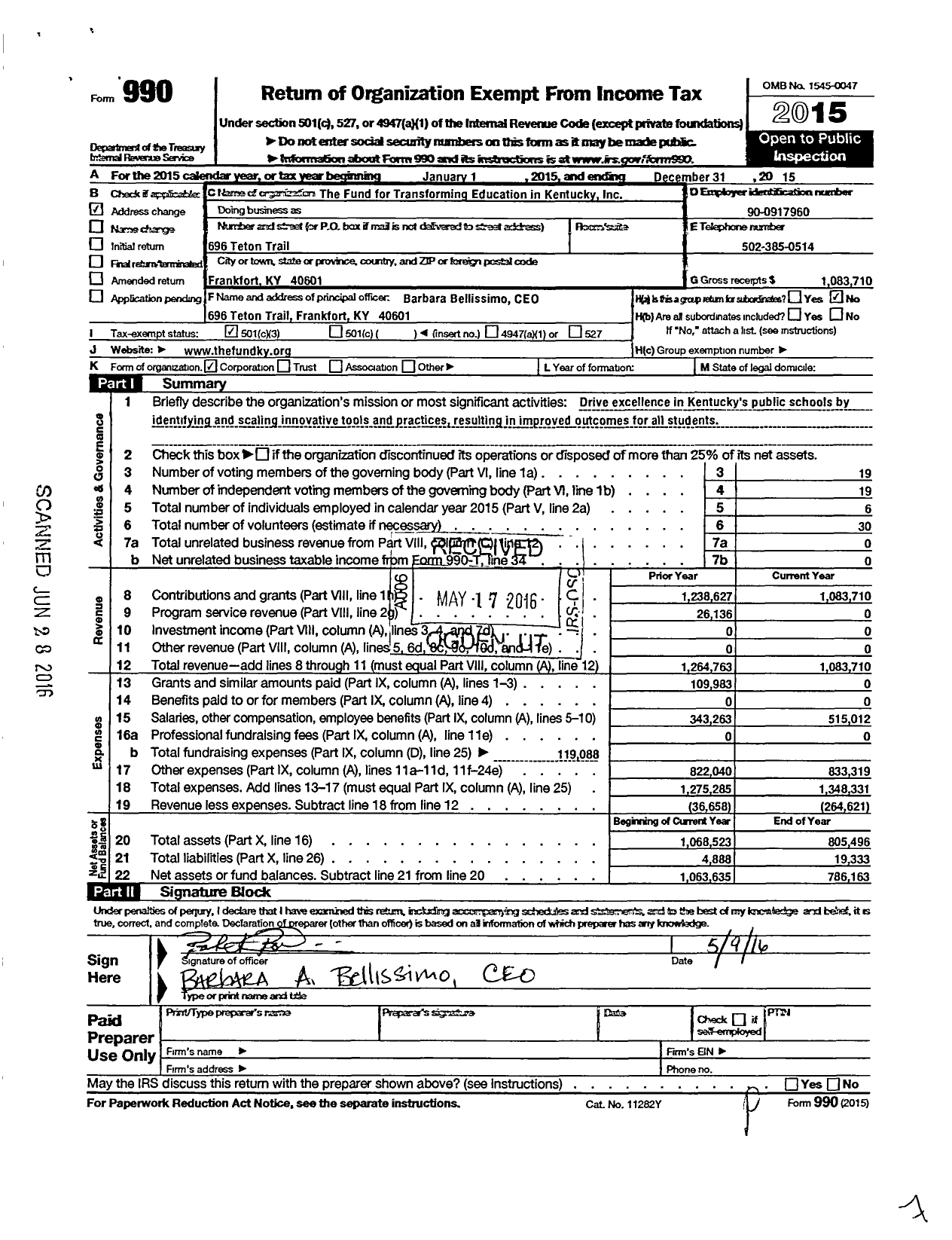 Image of first page of 2015 Form 990 for Fund for Transforming Education in Kentucky