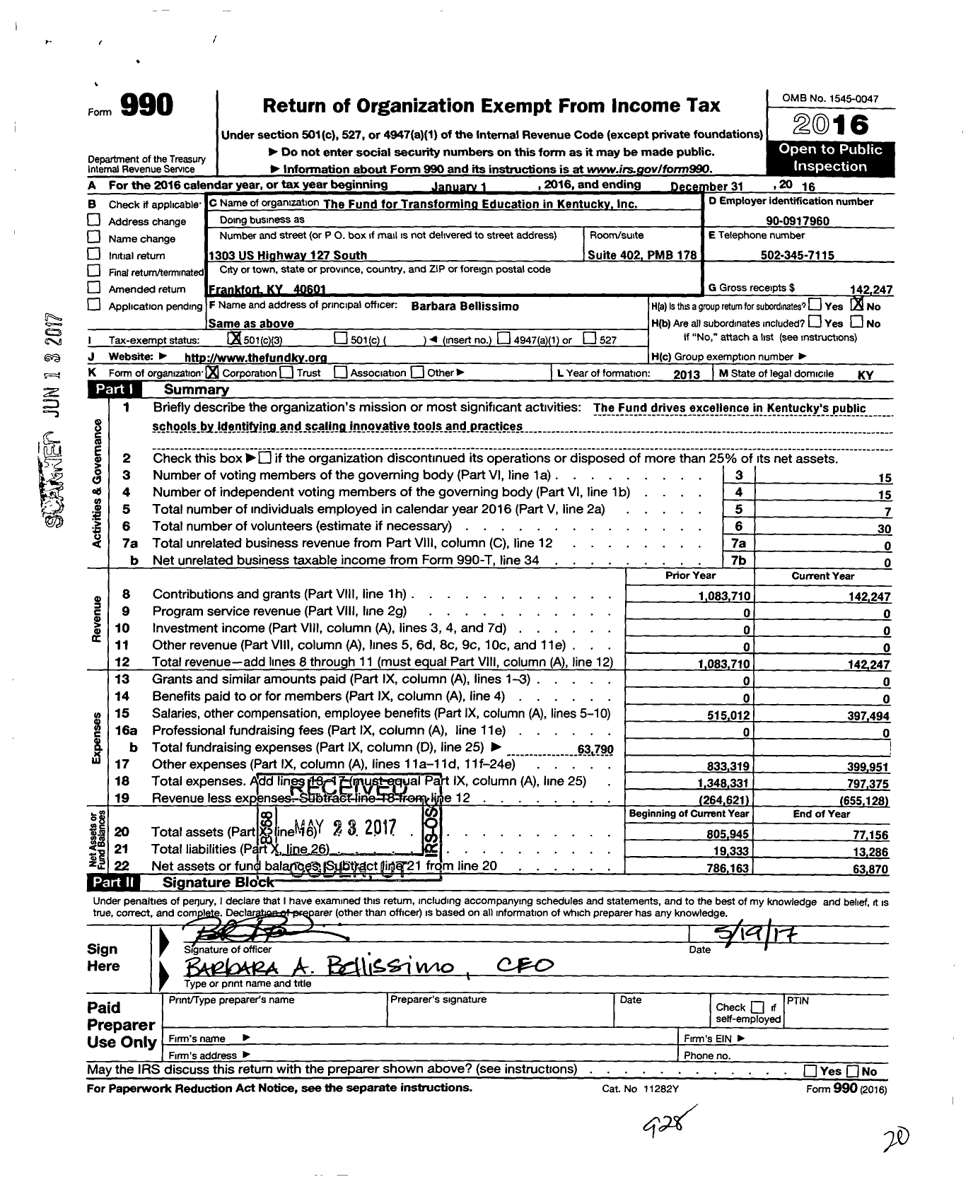 Image of first page of 2016 Form 990 for Fund for Transforming Education in Kentucky