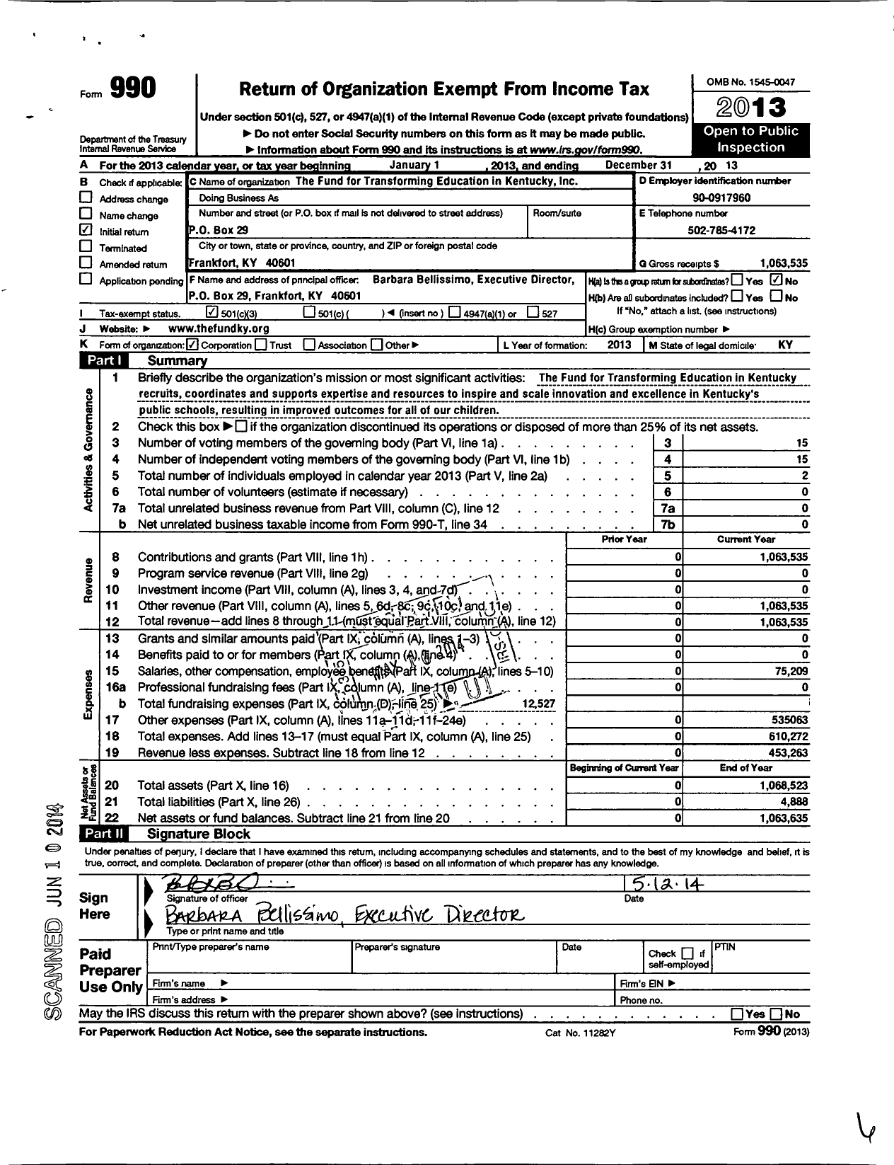 Image of first page of 2013 Form 990 for Fund for Transforming Education in Kentucky