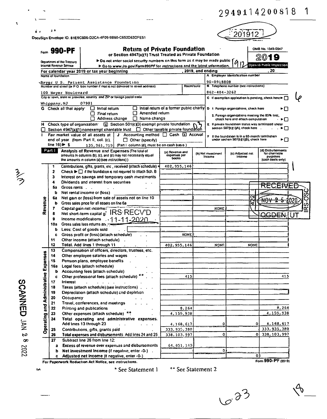 Image of first page of 2019 Form 990PF for Bayer US Patient Assistance Foundation