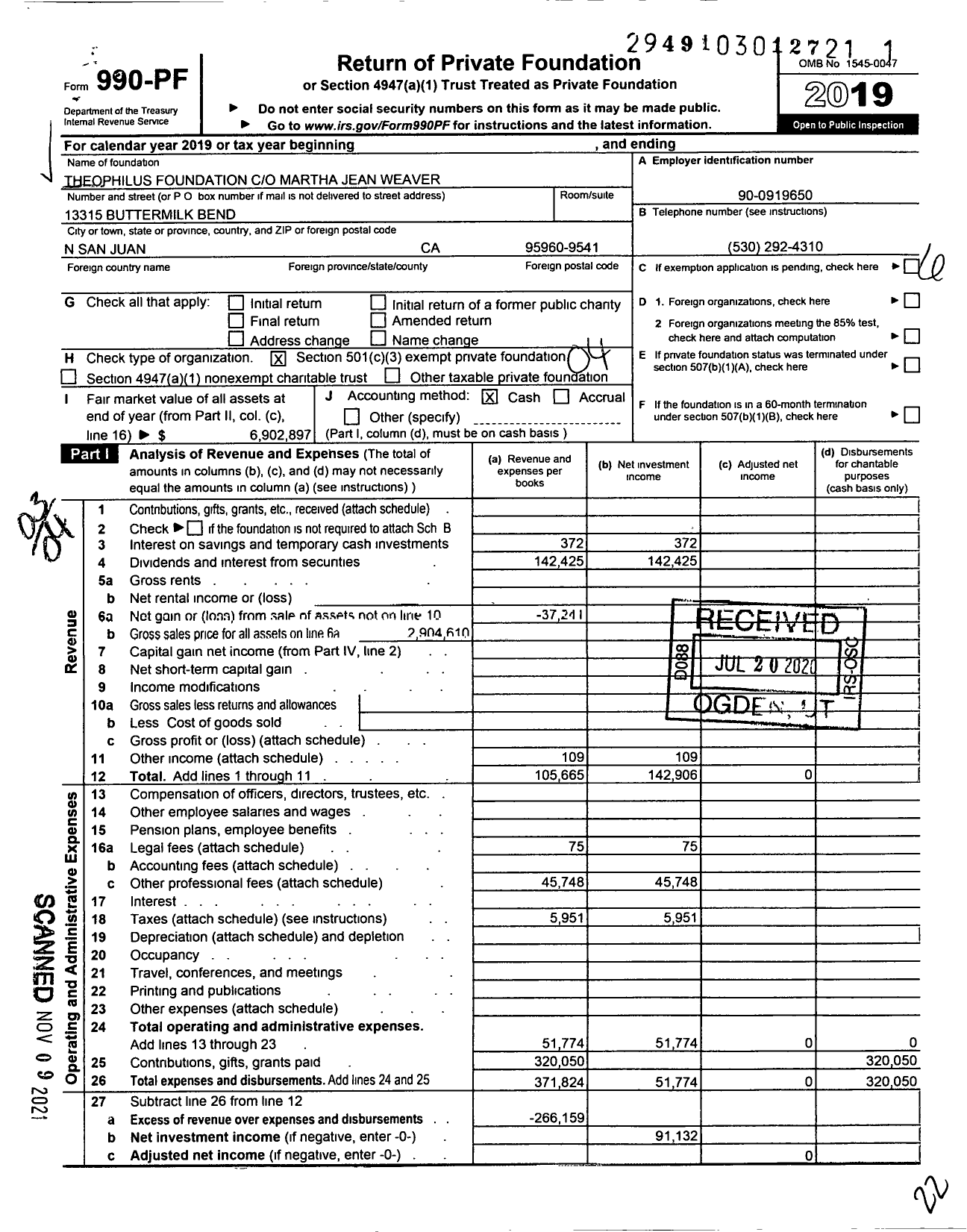 Image of first page of 2019 Form 990PF for Theophilus Foundation Martha Jean Weaver