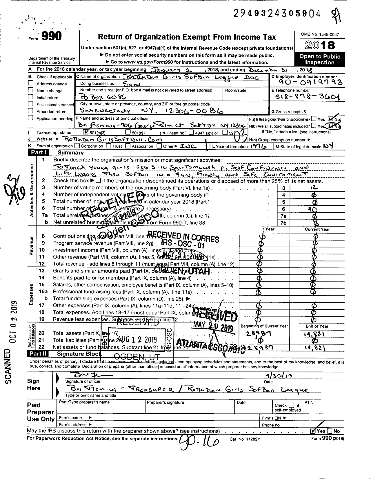 Image of first page of 2018 Form 990 for Rotterdam Girls Softball League