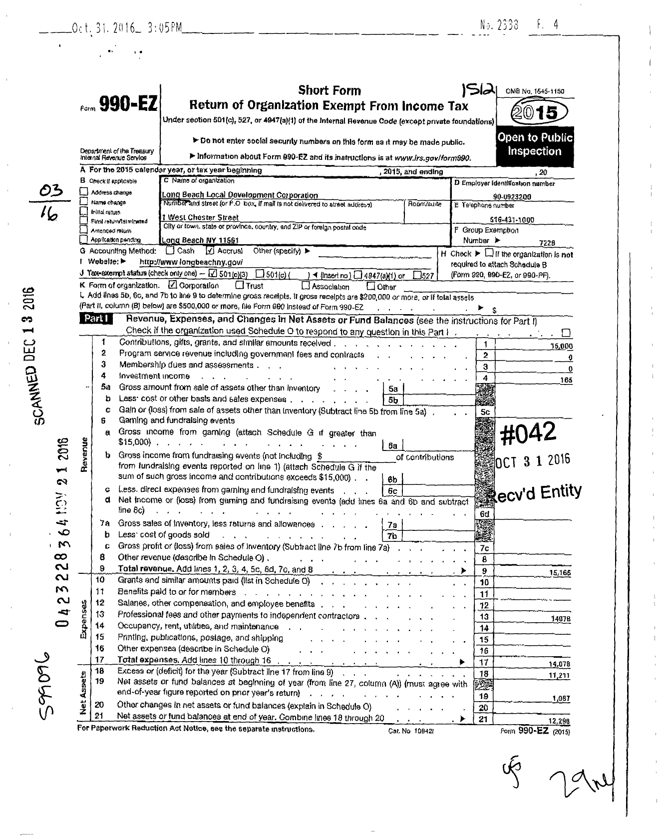 Image of first page of 2015 Form 990EZ for Long Beach Local Development Corporation