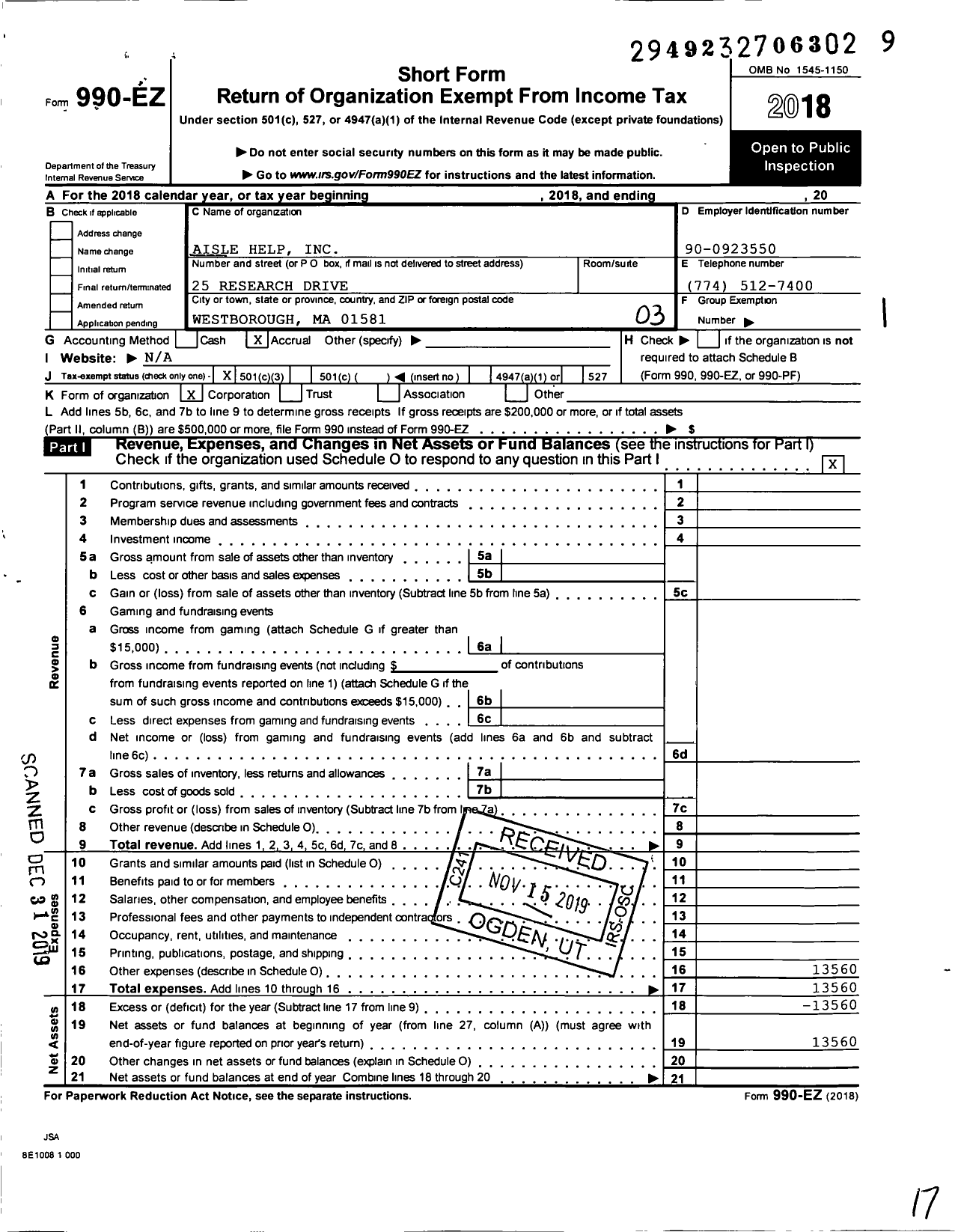 Image of first page of 2018 Form 990EZ for Aisle Help